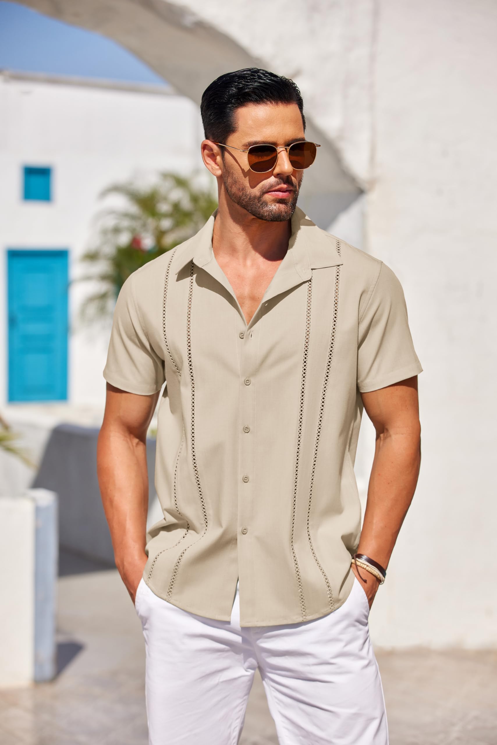 COOFANDY Men's Cuban Guayabera Shirt Short Sleeve Button Down Shirts Casual Summer Beach Linen Shirts Beige