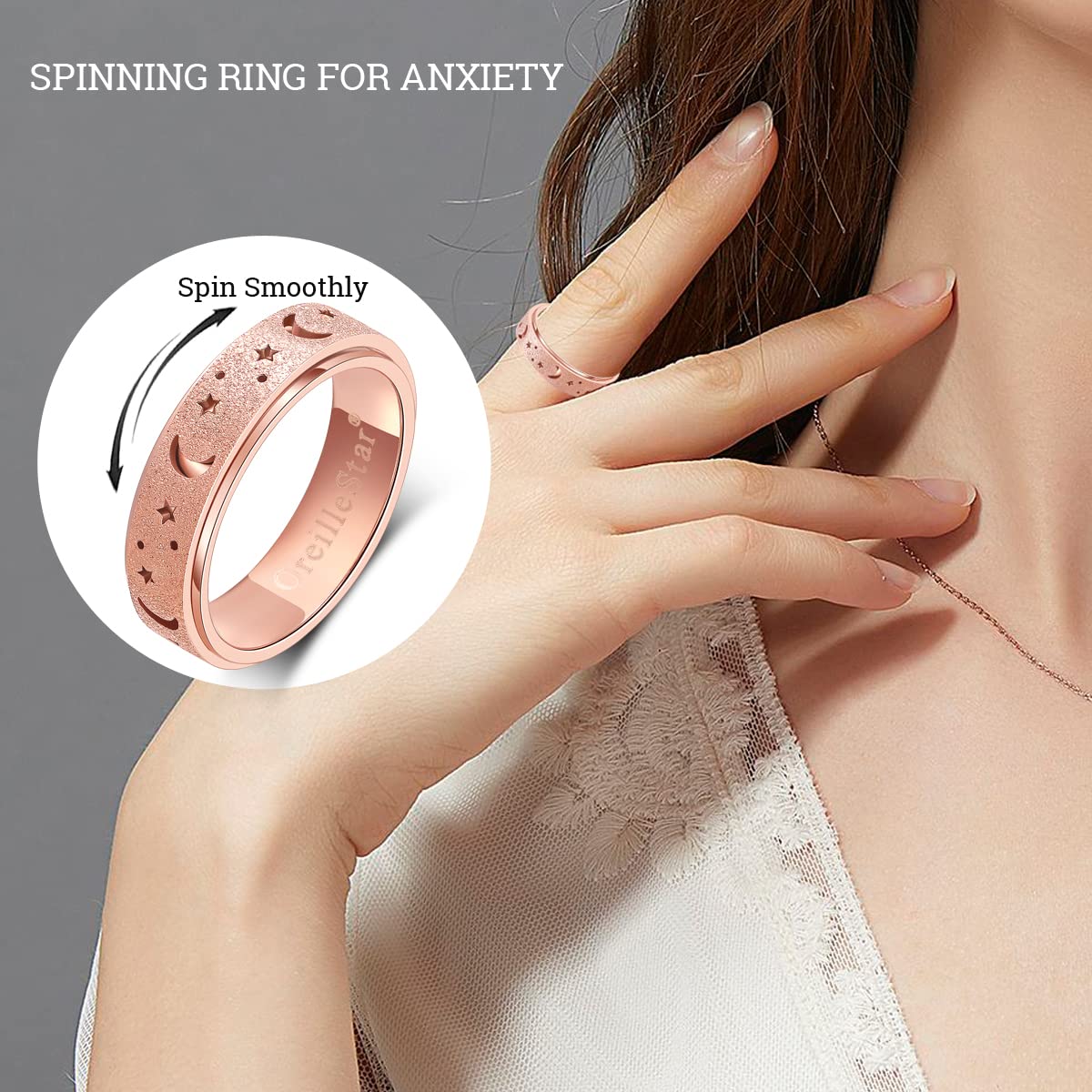 OreilleStar Anxiety Ring for Women Spinner Ring Fidget Toys Adults Fidget Ring Spinner Rings for Women Stainless Steel Anxiety Moon Star Rose Gold