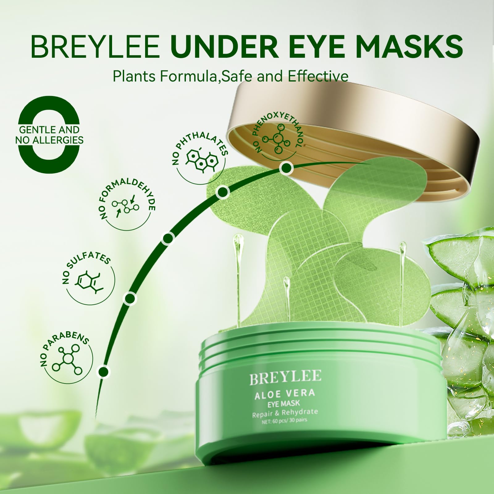 BREYLEE Aloe Vera Eye Masks - 60 Pcs - Reduce Puffy Eyes & Dark Circles, Firm & Improve Under Eye Skin, Pure Natural Extracts for Youthful Appearance & Reduction of Fine Lines and Wrinkles.