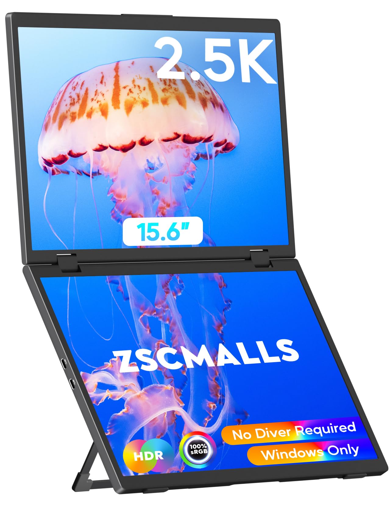 ZSCMALLS 2.5K Dual Monitor(Wins Only), Triple Laptop Screen Extender, 15.6" QHD Folding Stacked Portable Dual Monitor, USB C Travel Extended Computer Display, 180°Rotation, Plug & Play for Laptops