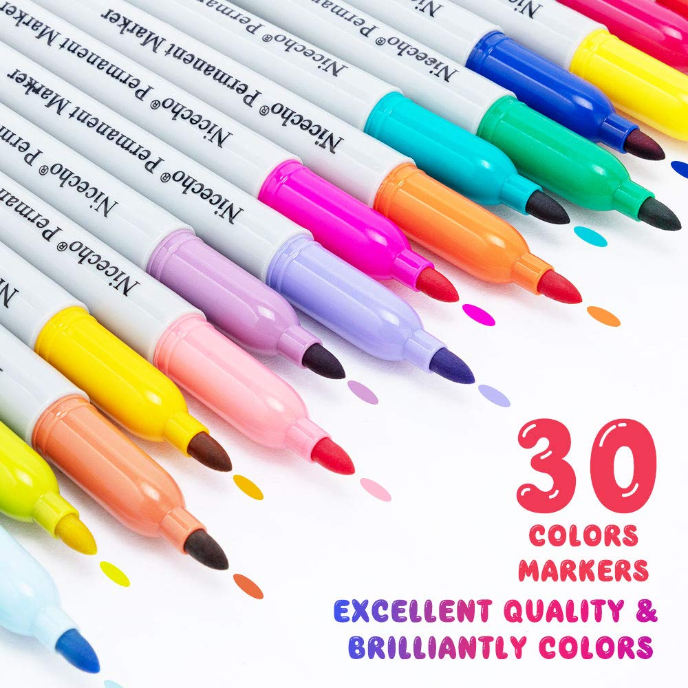 Nicecho Permanent Markers, 30 Colored Fine Point Marker Pens, Waterproof Marker Works on Paper, Plastic, Wood, Metal and Glass