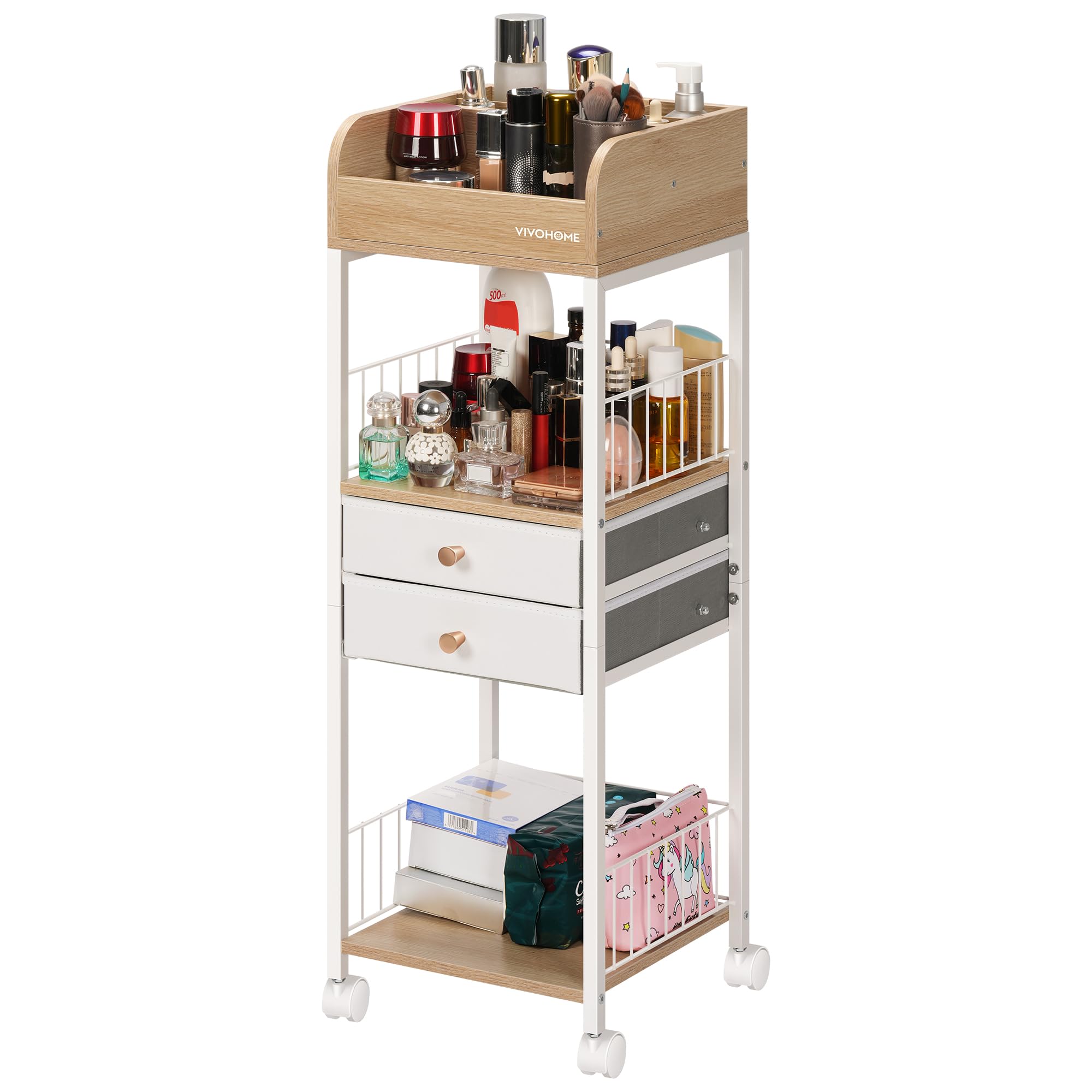 VIVOHOME Makeup Organizer with Drawers, Cosmetics Display Cases, 2 Shelves Floor Skincare Organizer Cart, Vanity Organizer Holder for Perfumes, Nail Polish, Hair Tools, Gift for Mom, Wood Color