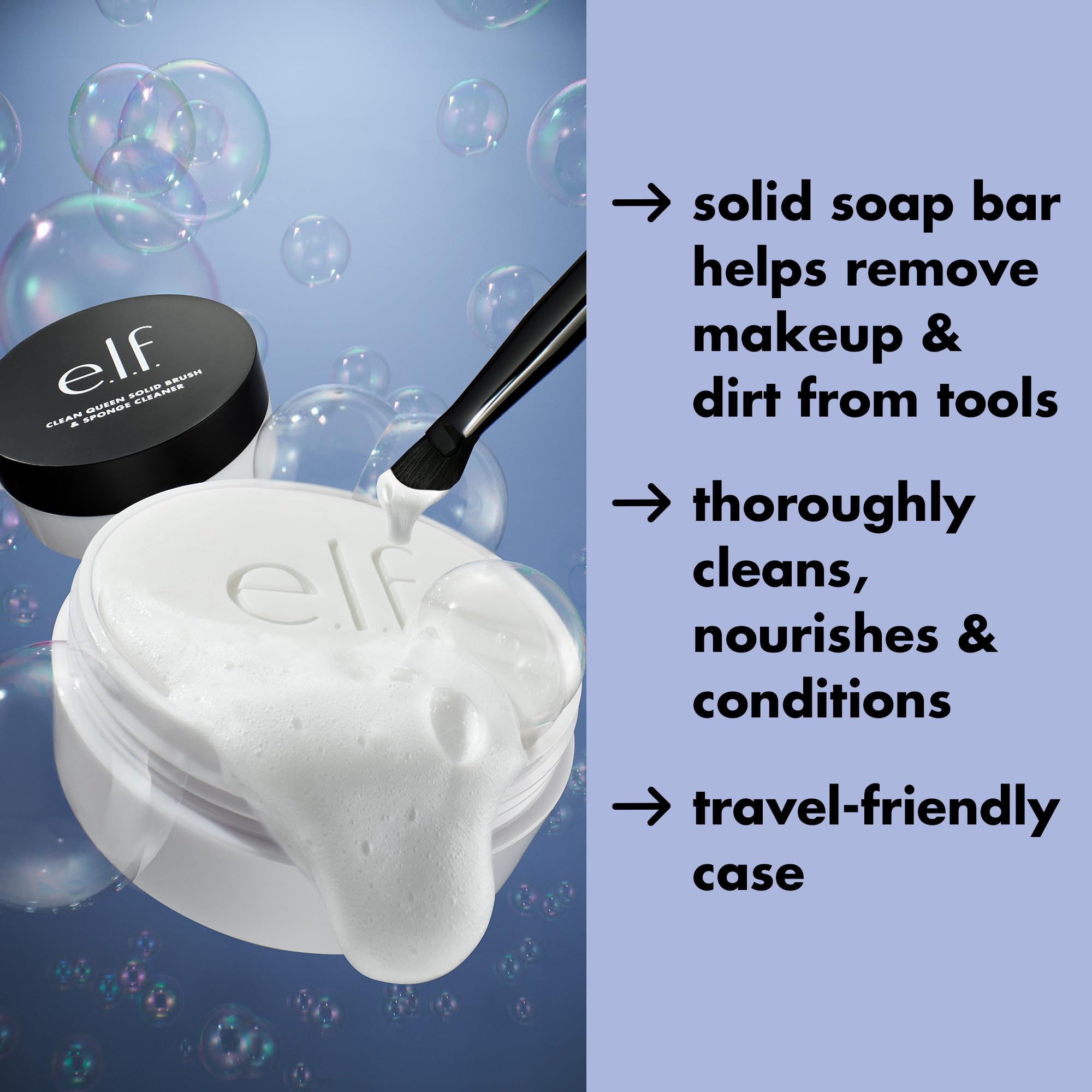 e.l.f. Clean Queen Solid Brush & Sponge Cleaner, Cleanses Face & Eye Makeup Brushes & Sponges, Nourishing, Non-Damaging Formula, Vegan & Cruelty-Free