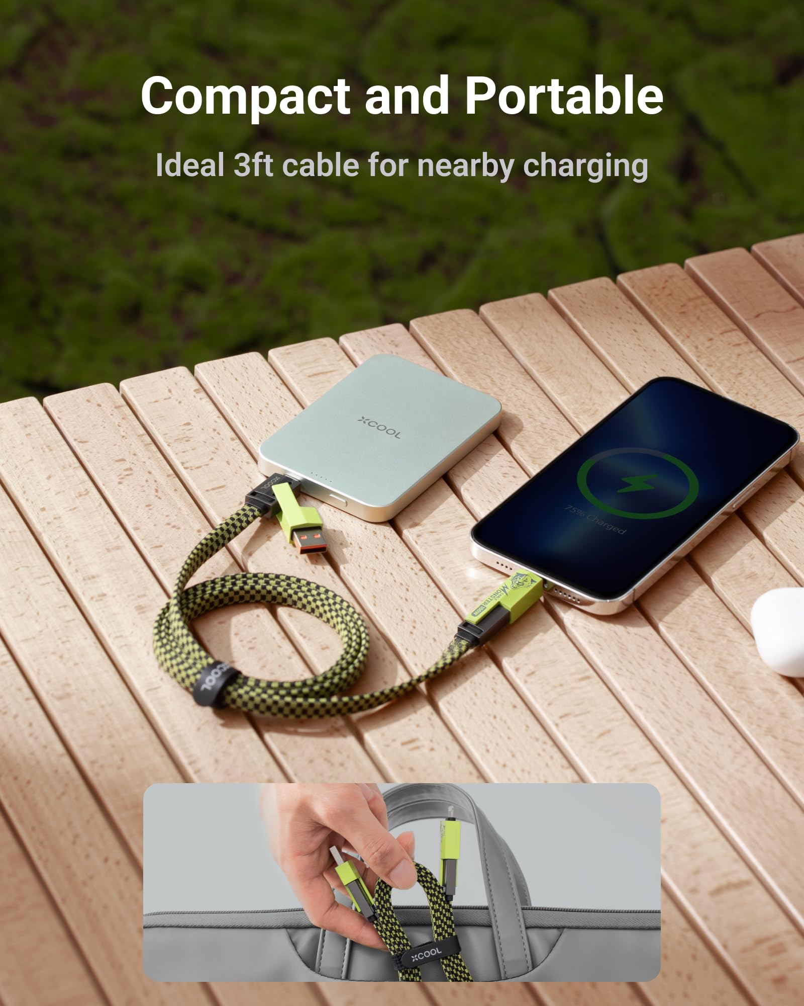 XCOOL USB C Cable, 4-in-1 USB-C Cable (3ft), 100W C to C Cable Fast Charging with Hook-and-Loop Fastener and Cable Management, Universal Charging Cable for MacBook, iPad, iPhone, Samsung, Green