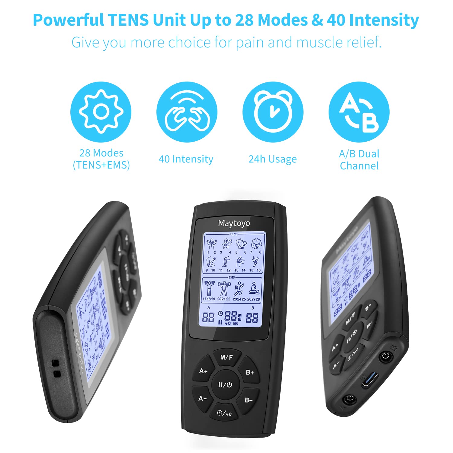 Maytoyo TENS EMS Unit 28 Mode 40 Intensity Muscle Stimulator for Pain Relief Therapy, Dual Channel Rechargeable TENS Machine