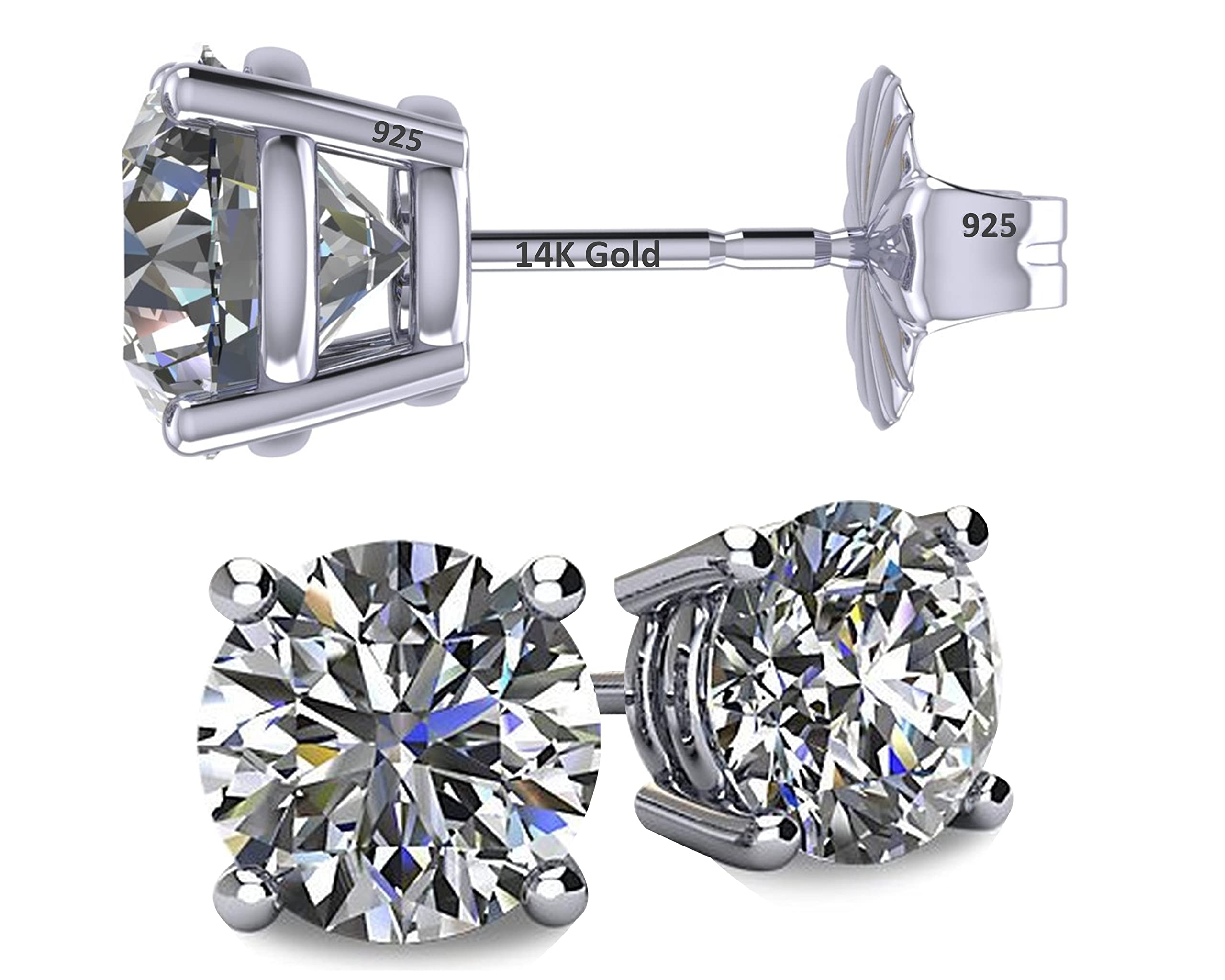 Central Diamond Center 14K Solid Gold Post & Sterling Silver 4 Prong CZ Stud Earrings - Platinum Plated - 8.00mm - 4.00cttw