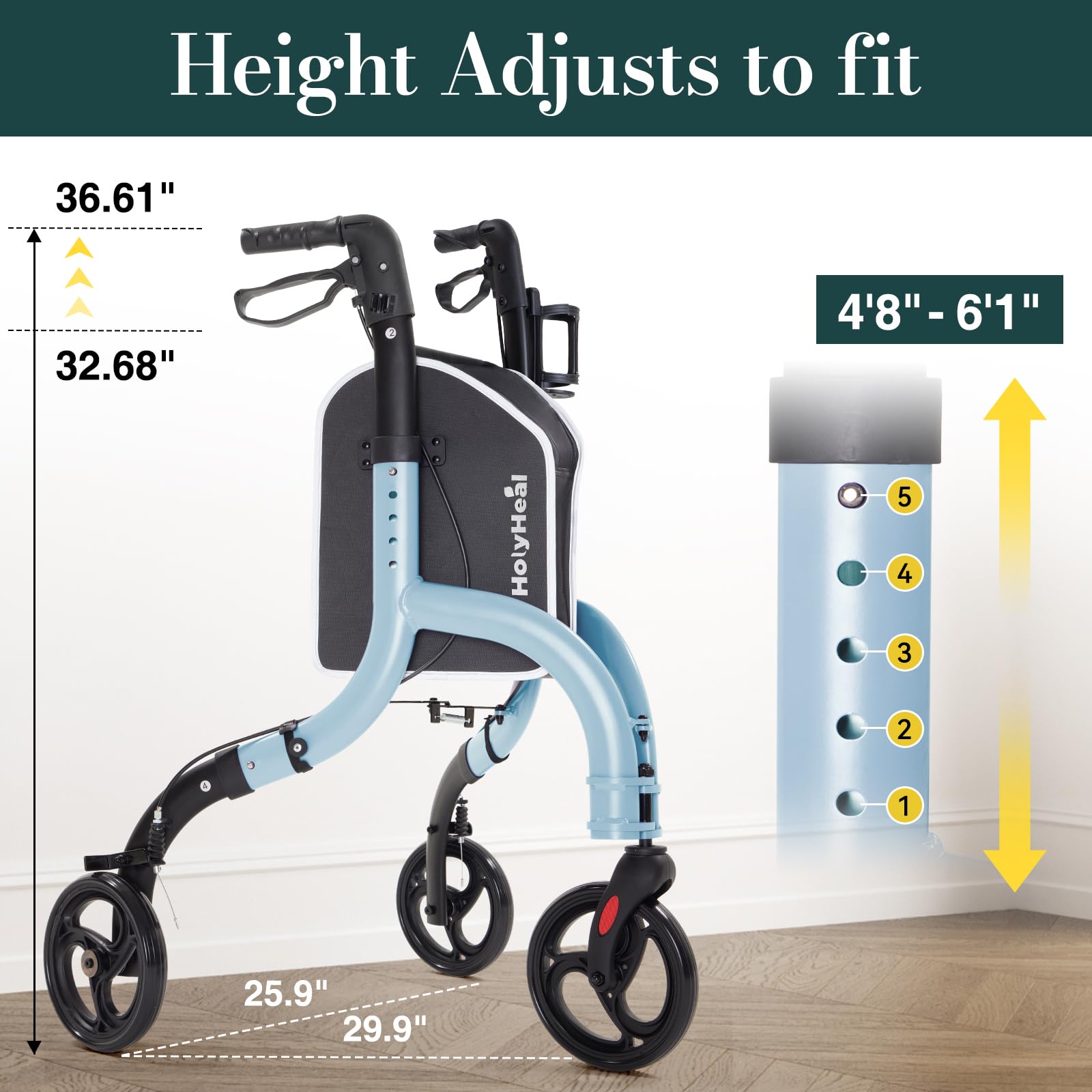 HolyHeal 3 Wheel Walkers for Seniors, Lightweight Rollator Walkers Foldable for Elderly with Cane Hold and Cup Hold, Height Adjustable Aluminum Three Wheel Rolling Walker Mobility Aid, Blue