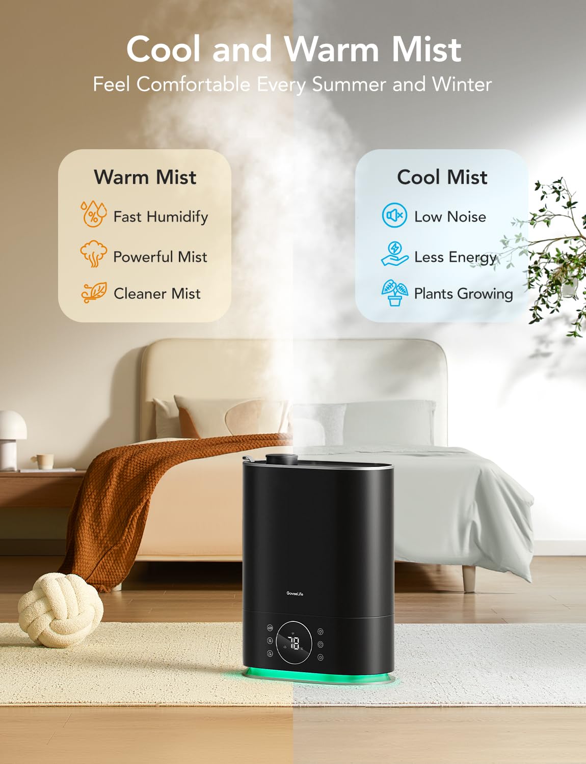 GoveeLife Smart Humidifiers for Bedroom, Cool&Warm Mist 7L Humidifier for Large Room, Auto Mode, Easy Top Fill, 70Hr Quiet Runtime, WiFi Air Humidifier with RGB for Baby, Plants Compatible with Alexa