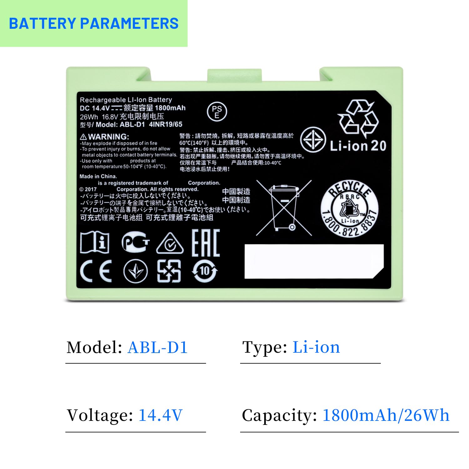 ABL-D1 4INR19/65 Battery for iRobot Roomba e and i Series i3 3150 i3+ 3550 i4 4150 i4+ 4550 i6 i7 i7+ 7150 7550 5150 e5150 e515020 e5152 e5154 e5158 e5 e6 e6198 e619820 i7158 i7550 i7558 14.4V 1800mAh