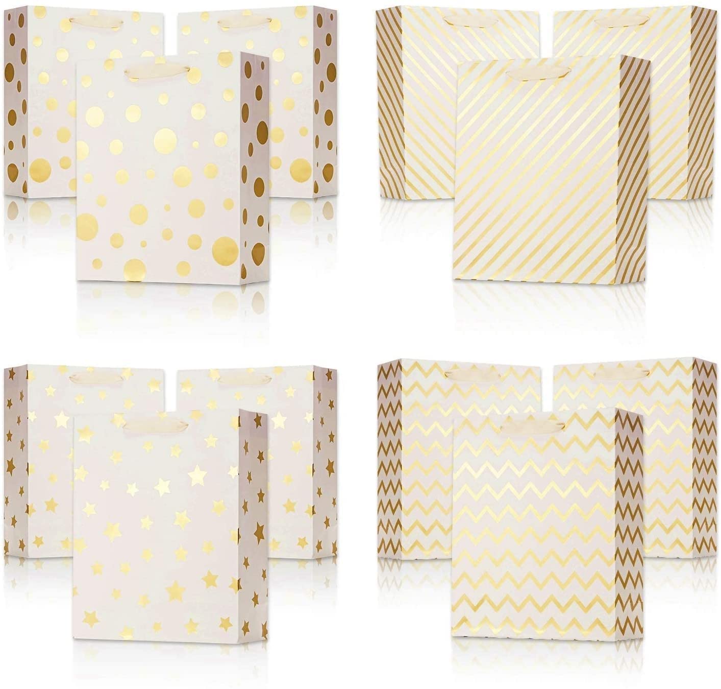 UNIQOOO 12Pcs Metallic Gold Christmas Gift Bags Bulk with 12 Sheets Gold Tissue Paper, Large 12.5 Inch, Assorted Modern Geometric Paper Gift Wrap Bag, For Holiday Birthday Wedding Gift Packaging Decor