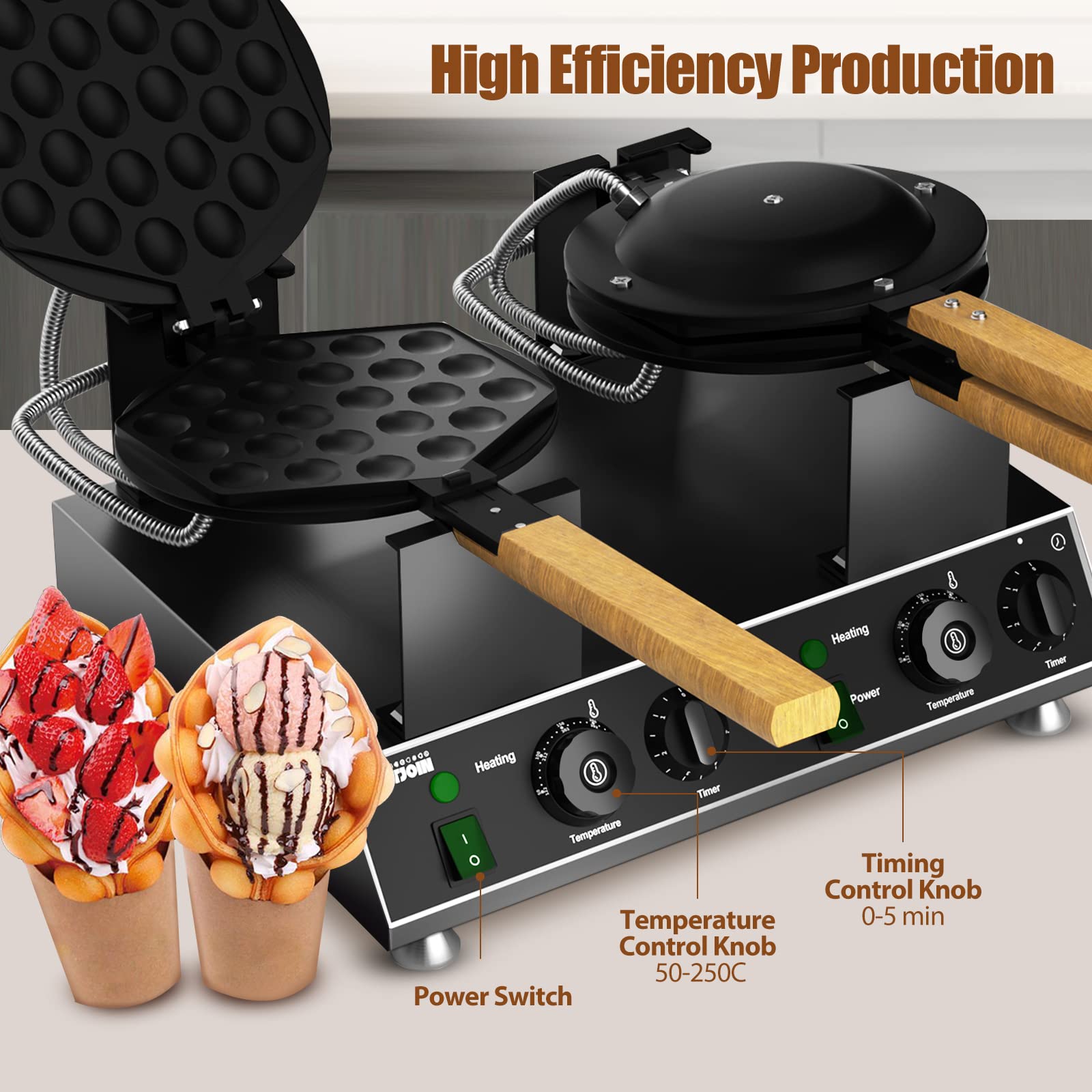 PYY Double Bubble Waffle Maker Commercial Waffle Maker Non-stick Hong Kong Egg Waffle Maker for Home Use Stainless Steel Pancake Maker 180° rotate