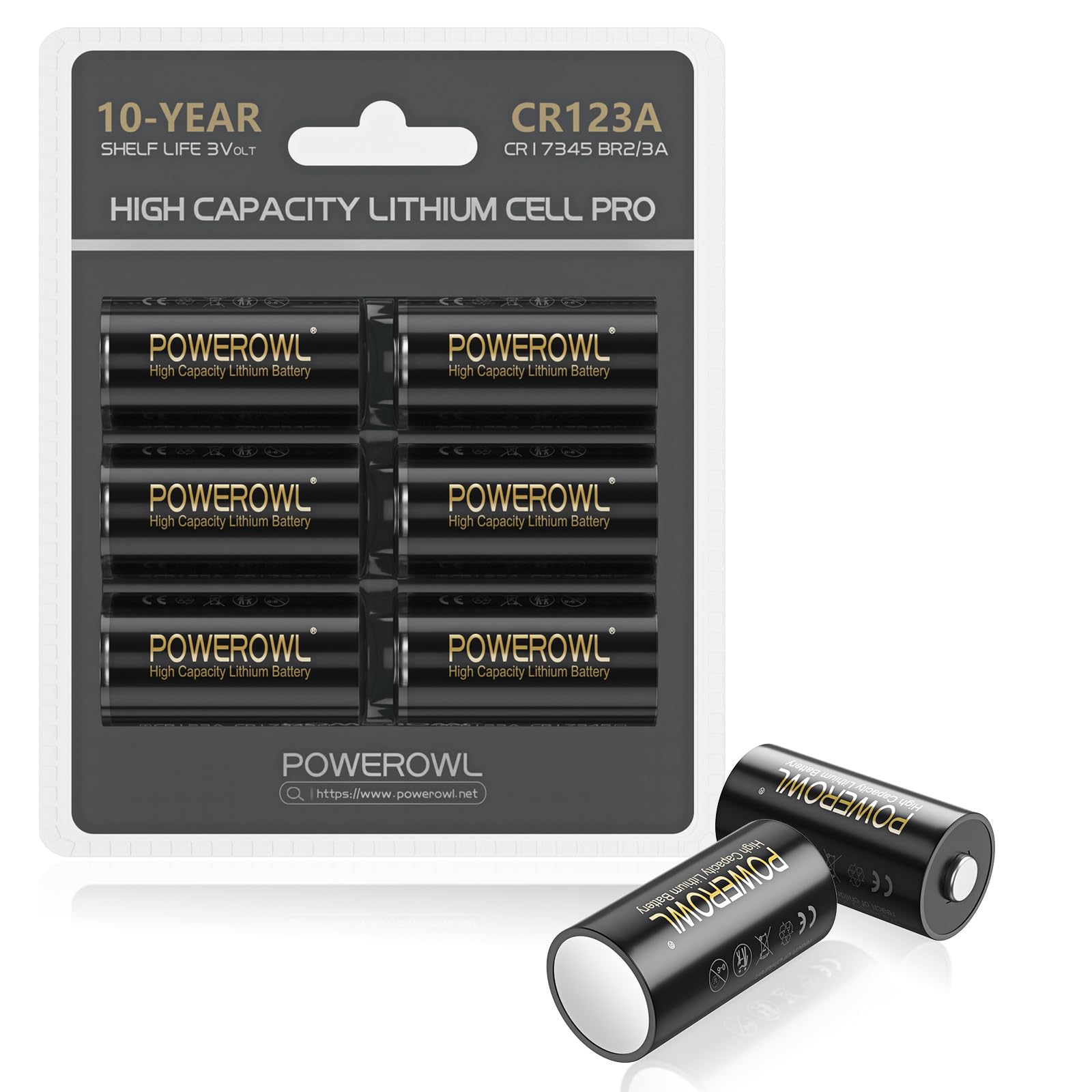 POWEROWL CR123A 3V Lithium Battery 6 Count, High Capacity 123 Batteries, Long-Lasting Power