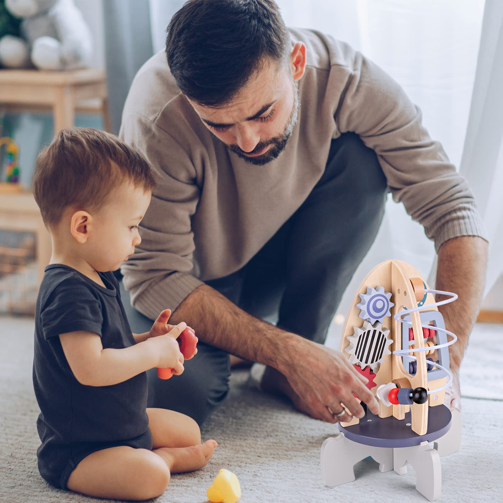 Wdmiya Space Wooden Activity Cube Toys for Baby, Montessori Toys for 1 Year Old Boy & Girl Birthday Gifts, Sensory and Educational 1st Birthday Gifts, Busy Board Toys for Baby Boy 6-18 Months (Rocket)