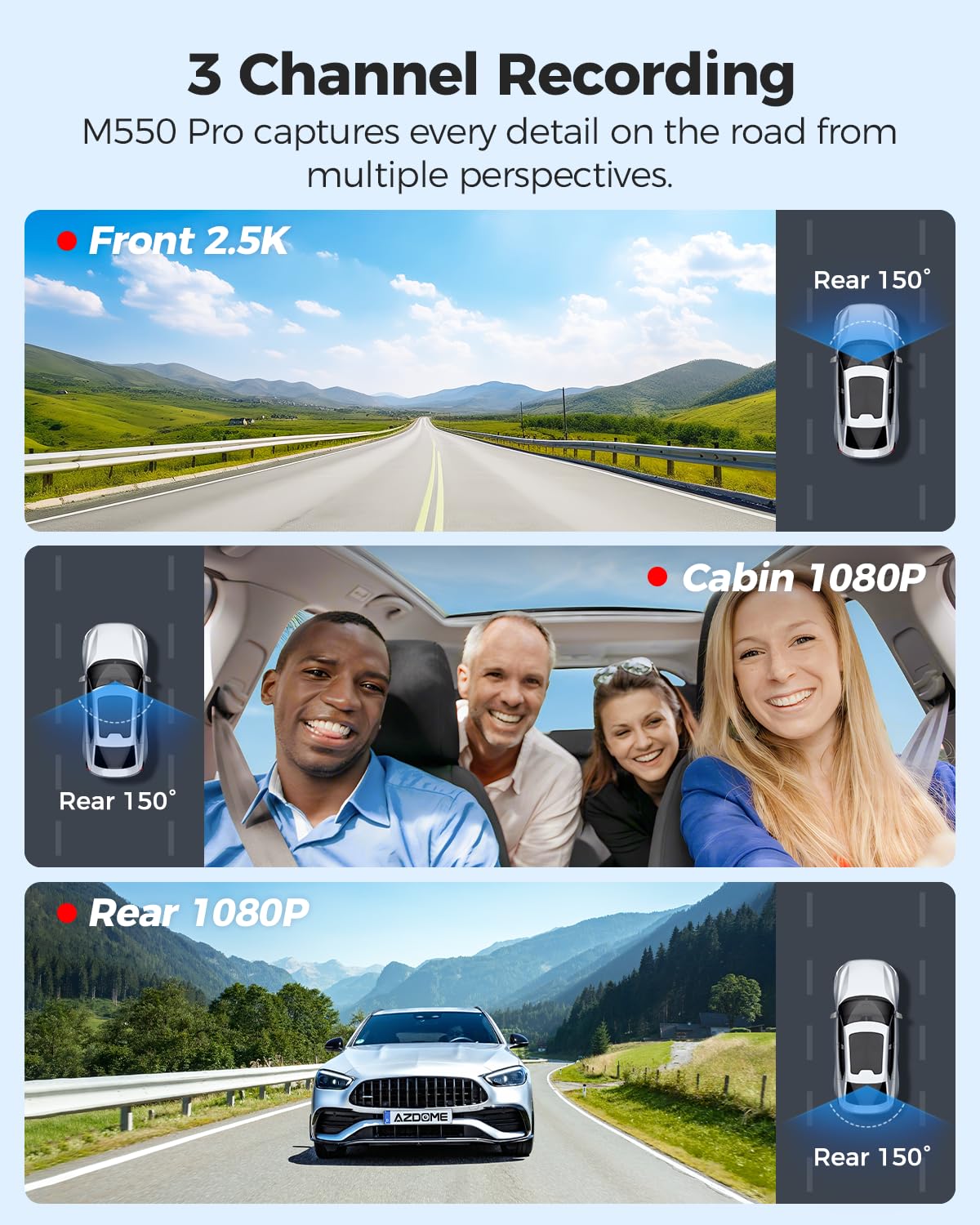 AZDOME M550 Pro 5G WiFi 3 Channel Dash Cam Built-in GPS, 4K+1080P Dual Dash Camera for Cars with 64GB Card, 1440P+1080P+1080P Front and Rear Inside, 3.19" IPS Screen, IR Night Vision, 24H Parking Mode