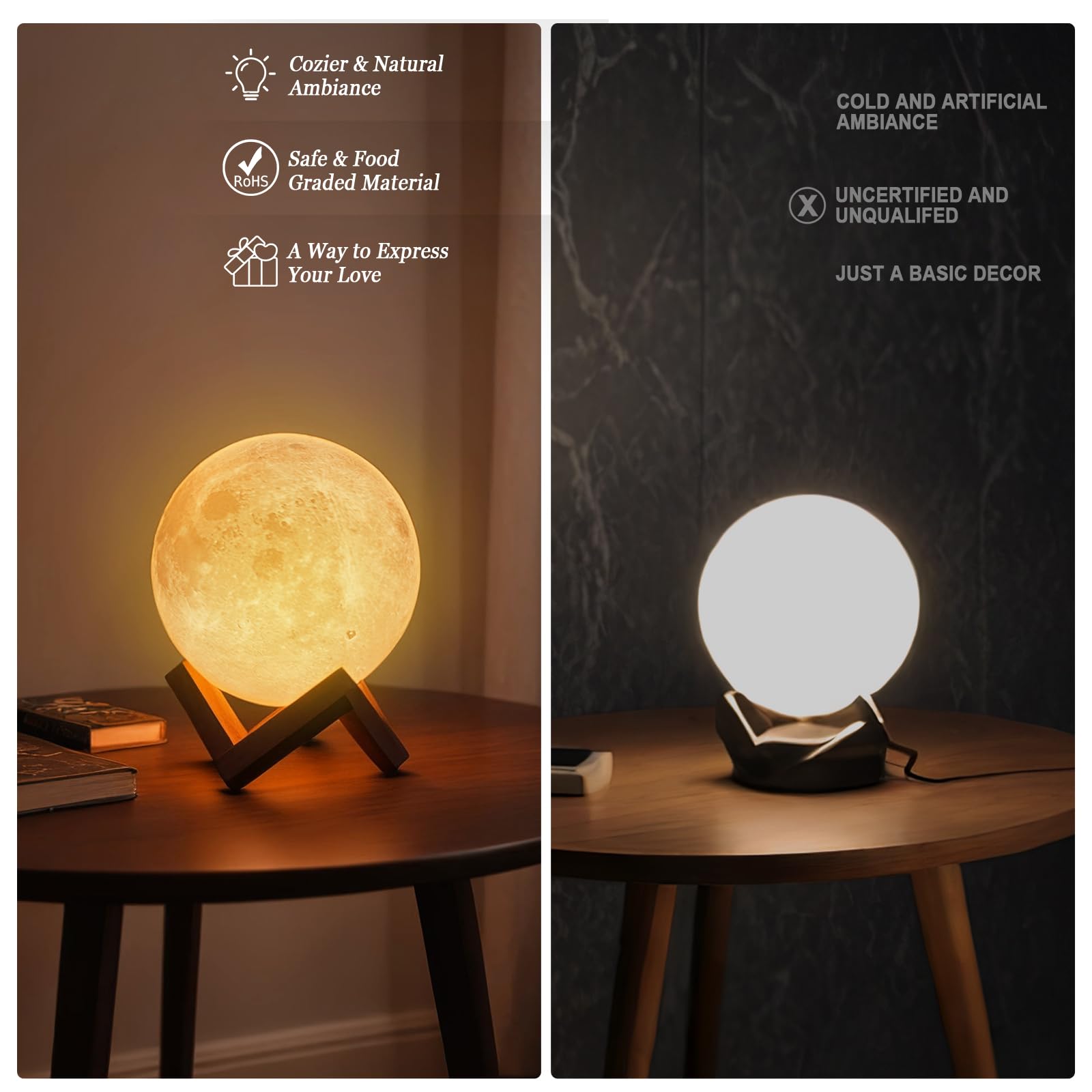 Mydethun 3D Moon Lamp with 5.9 Inch Wooden Base - Valentine's Day Gift, LED Night Light, Mood Lighting with Touch Control Brightness for Home Décor, Bedroom, Women Kids Moonlight - White & Yellow