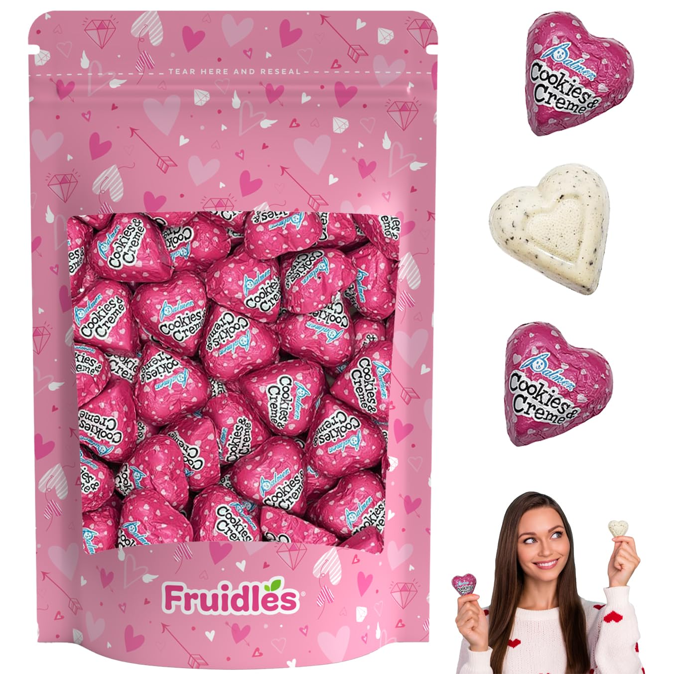 Fruidles Valentine's Chocolate Milky Cookies & Cream Hearts, Holiday Treats, Individually Wrapped Foils, Kosher Certified Dairy (40 Count, 1 Pound)