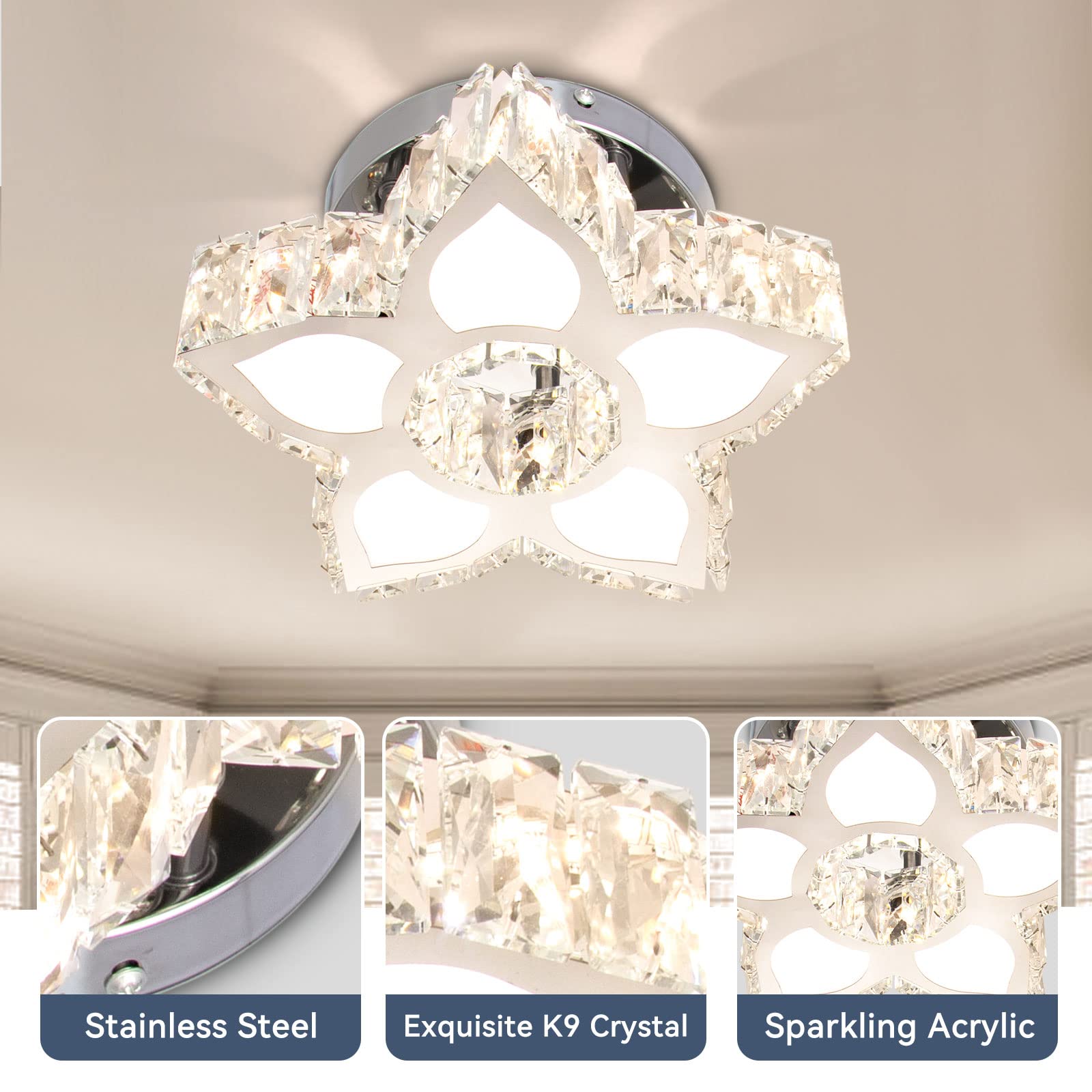 FRIXCHUR Dimmable Crystal Chandeliers Modern Small Chandelier Flower Crystal Ceiling Light for Living Room Bedroom Hallway Kitchen Small Room (Dimmable)