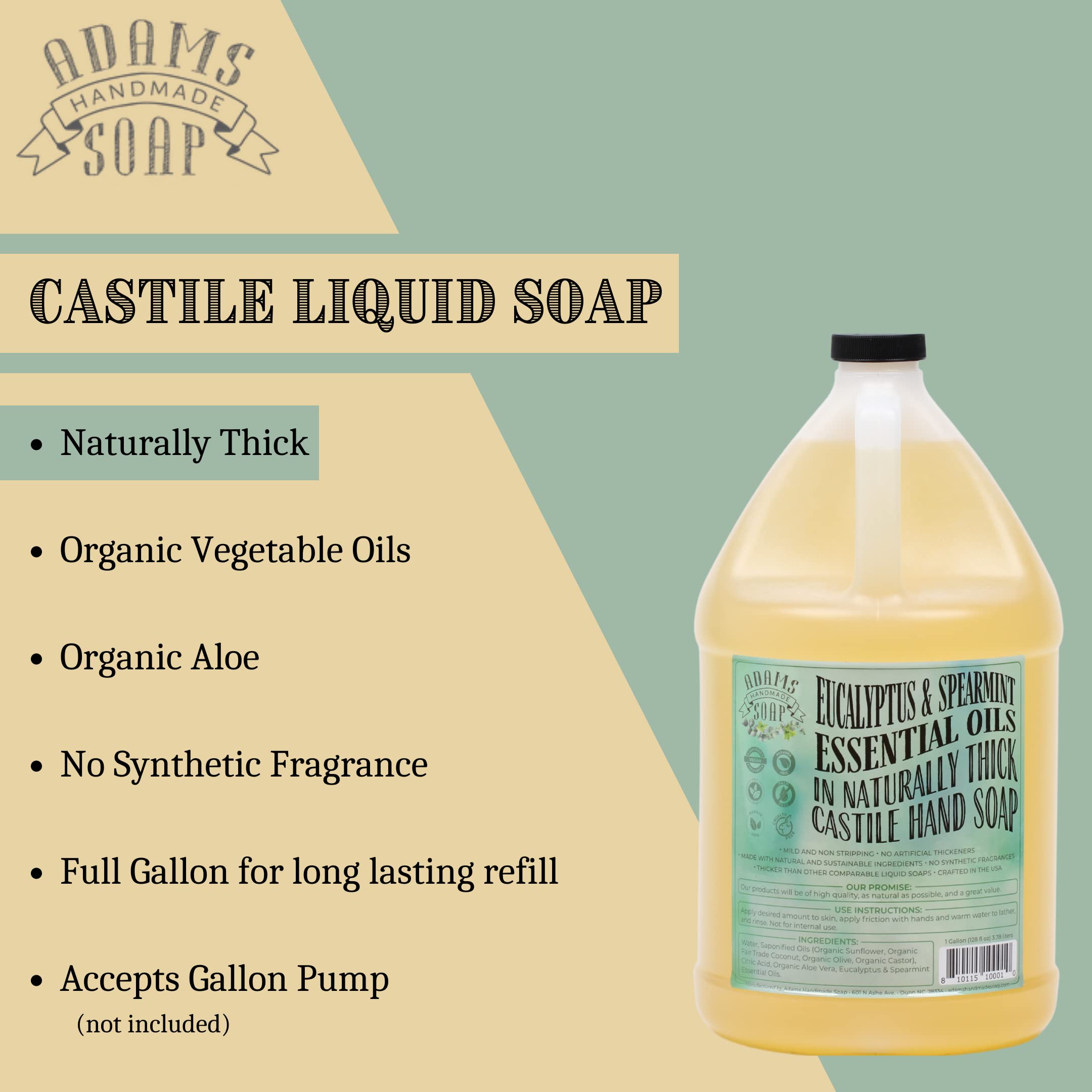 Adams Handmade Soap Liquid Organic Castile Thick Hand Soap 1 Gallon - Eucalyptus Spearmint