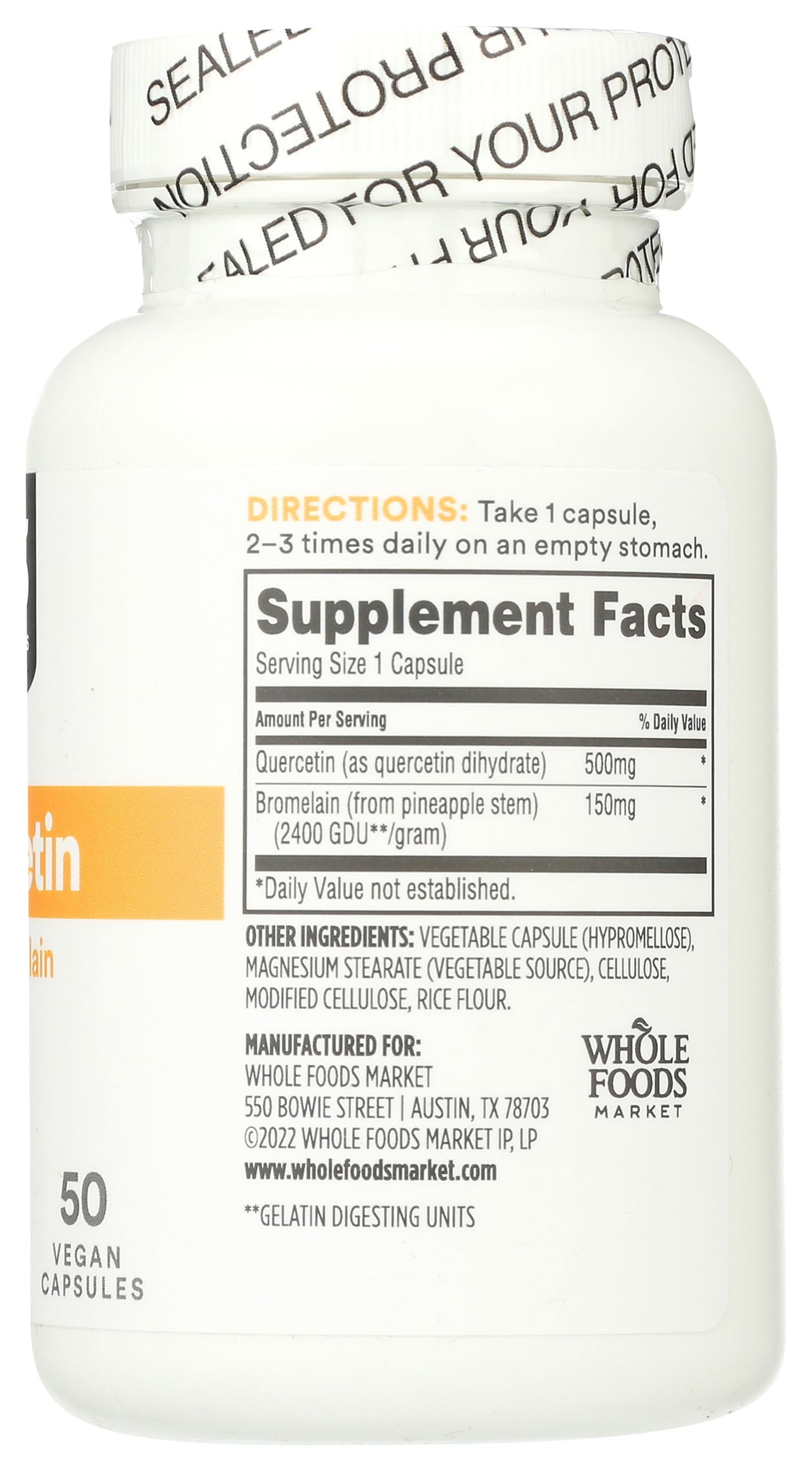 Whole Foods Market, Quercetin with Bromelain 500mg, Vegan, 50 Count