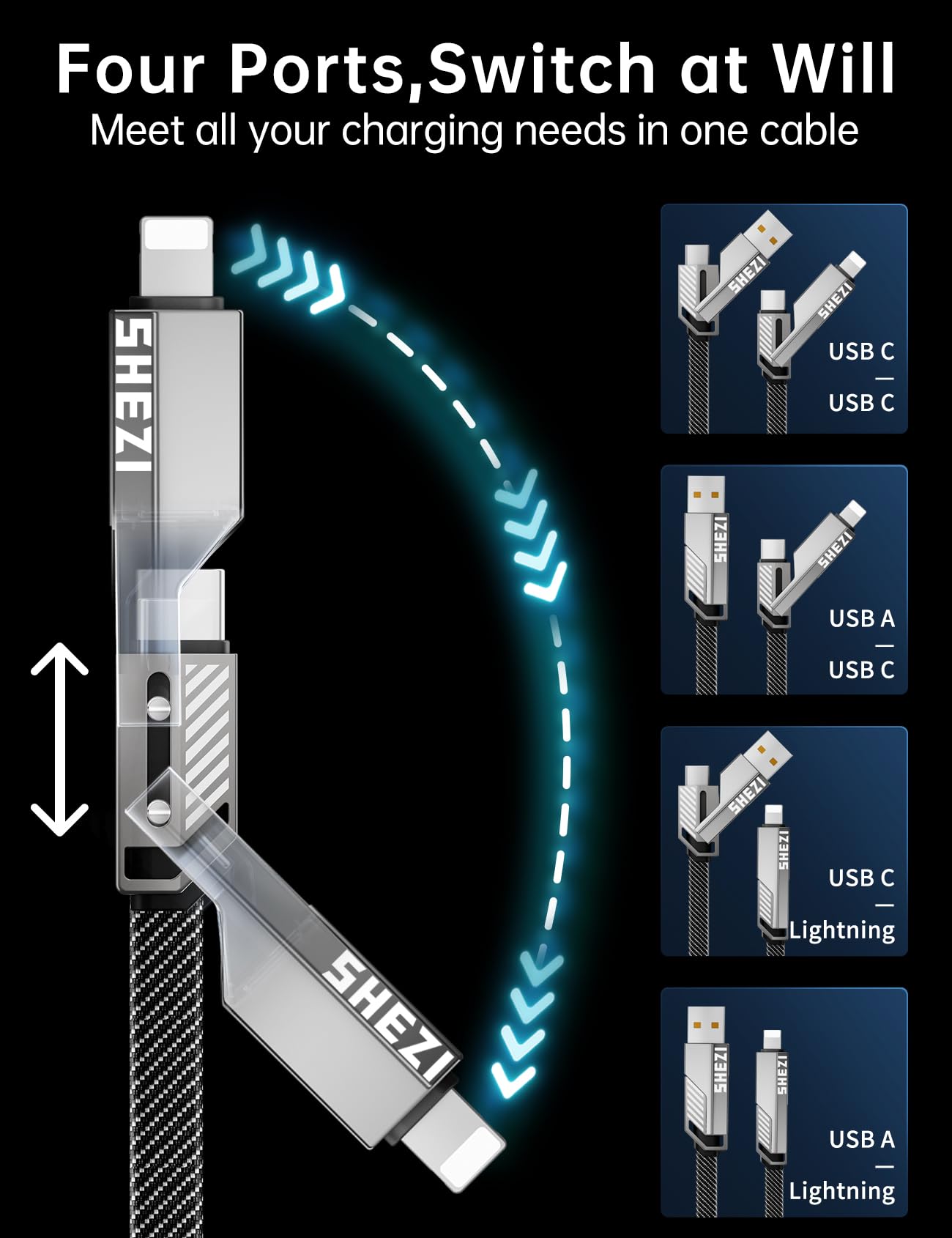 SHEZI [Upgraded 2.0] 4-in-1 USB C Cable 60W 3FT Lightning Cable Fast Charging [480Mbps Data Sync] Flat Nylon Braided Charger Cord Combo with Lightning/USB C/USB A Port for iPhone iPad & Most Devices