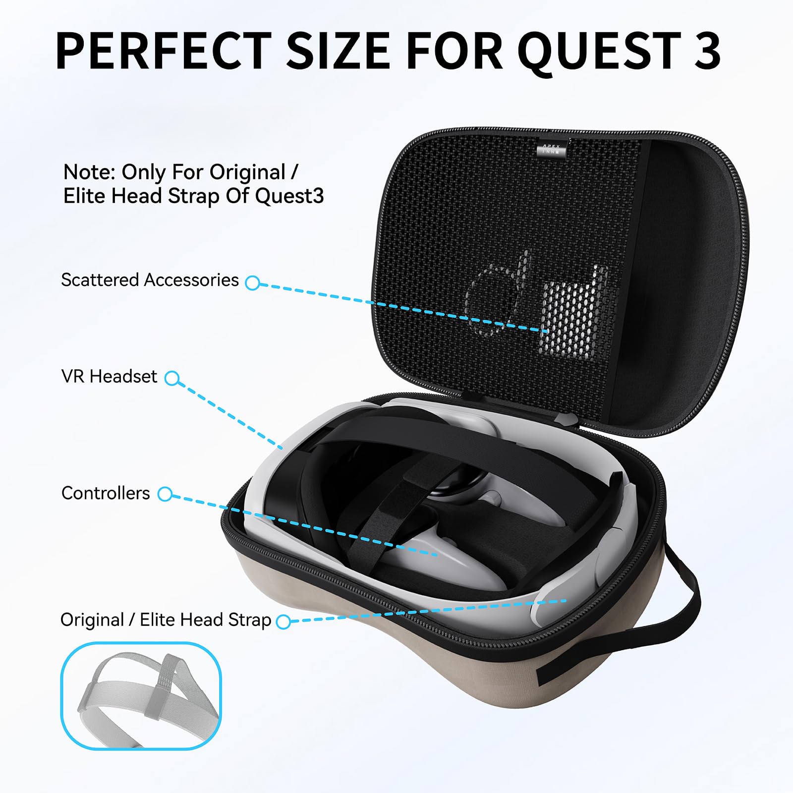 APEXINNO EVA Hard Carrying Case for Meta Quest 3 Vision Pro Accessories, Pro Storage Travel Case Bag Compatible with Oculus Quest 3 VR Headset, Original Elite Head Strap, Controller Grips, Handheld