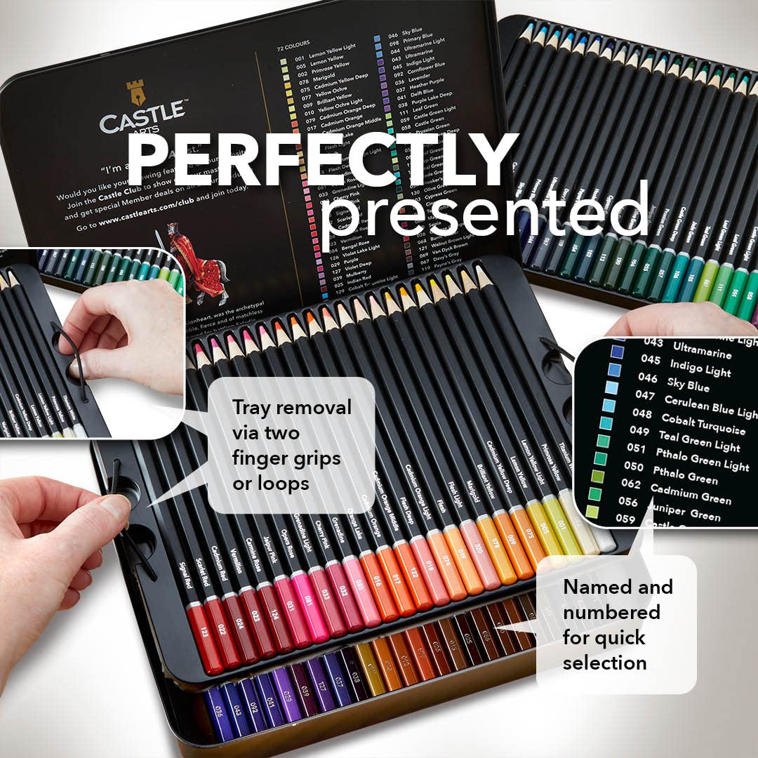 Castle Art Supplies 72 Watercolor Pencils Set | Vibrant Pigments for Blending, Drawing and Painting | For Adults, Hobbyists and Professionals I Protected and Organized in Presentation Tin Box