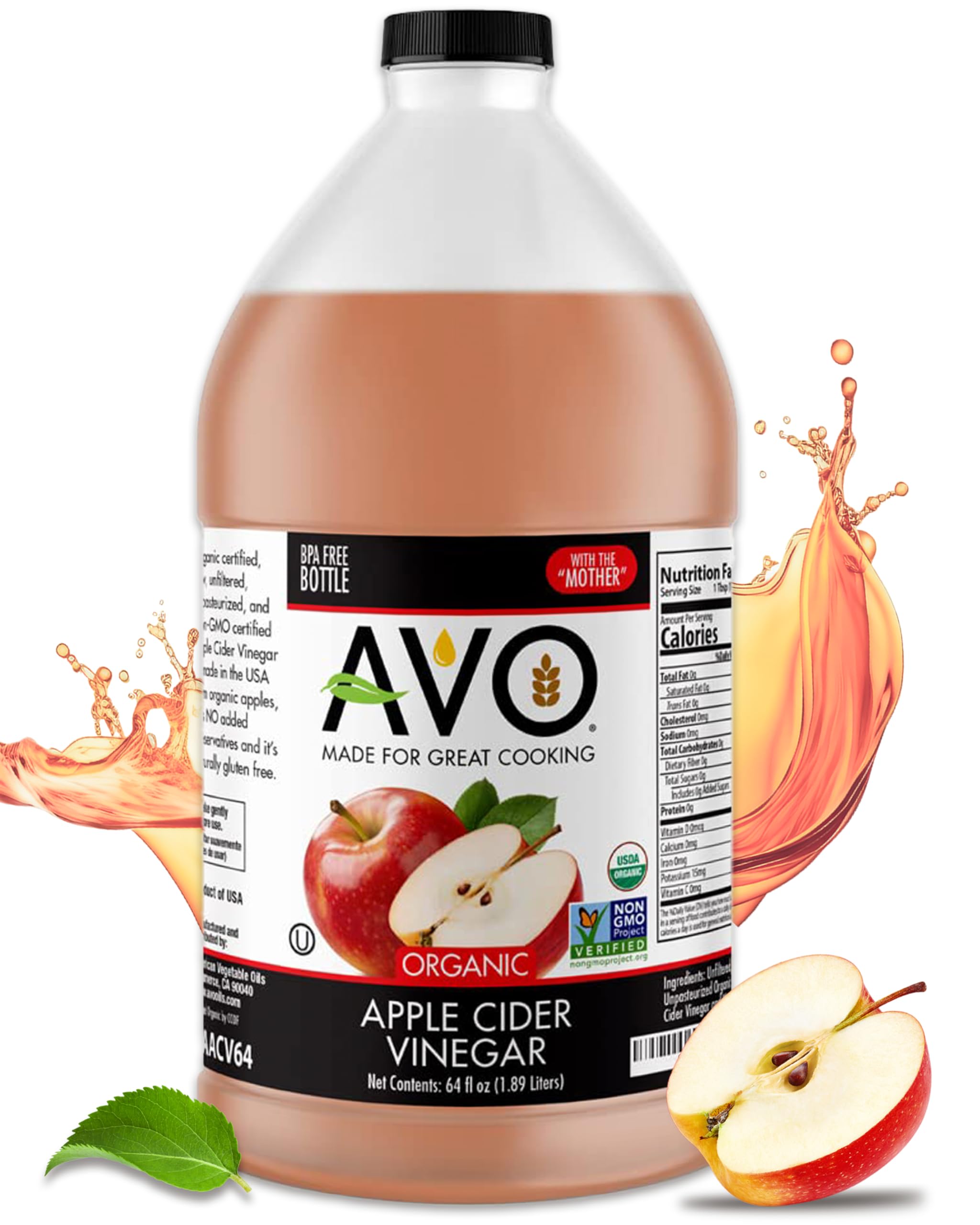 AVO Naturally Processed ORGANIC NON-GMO Apple Cider Vinegar with the Mother – Raw, Unfiltered, Unpasteurized All Natural Ingredients (64 oz)