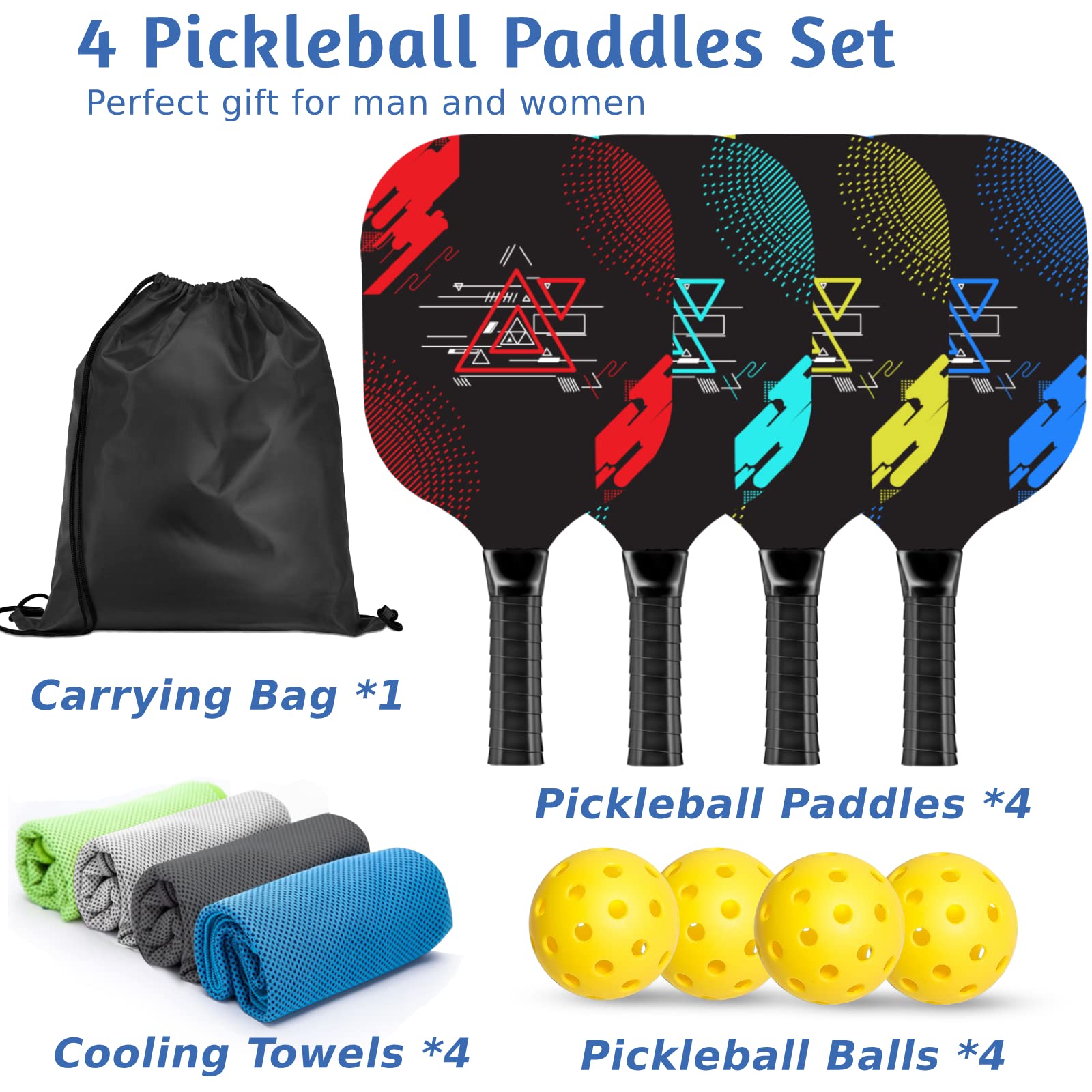 AOPOUL Pickleball Set with 4 Premium Wood Paddles, Cushion Comfort Grip, 4 Cooling Towels, 4 Pickleball Balls & Carry Bag, Pickle Ball Paddle for Men Women