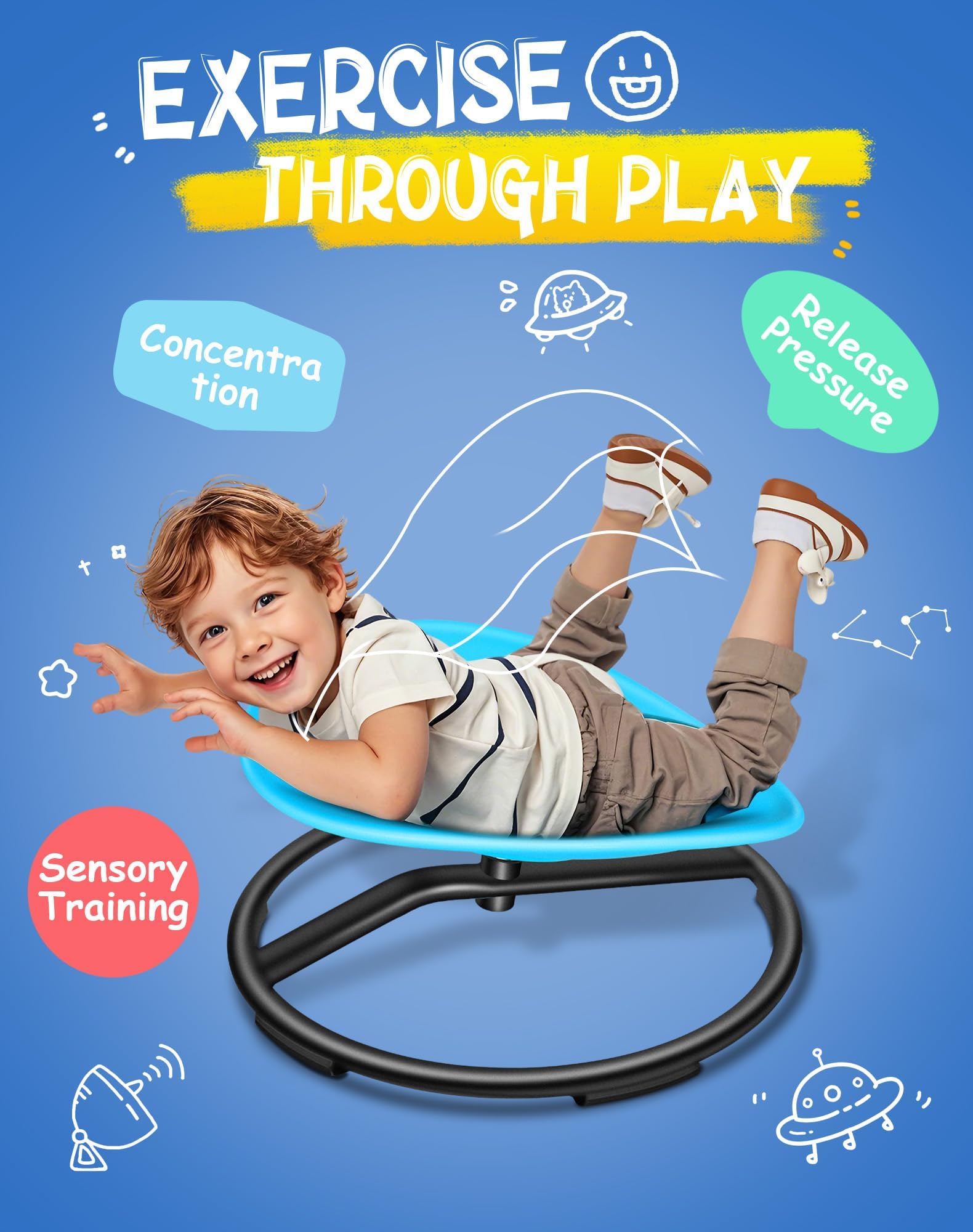 FERUERW Spinning Chair for Autistic Kids, Sensory Swivel Chair, 220LBS Weight Capacity, Sensory Toy for Children with ADHD/Autism, Training Body Coordination, 3+ Years (Blue)