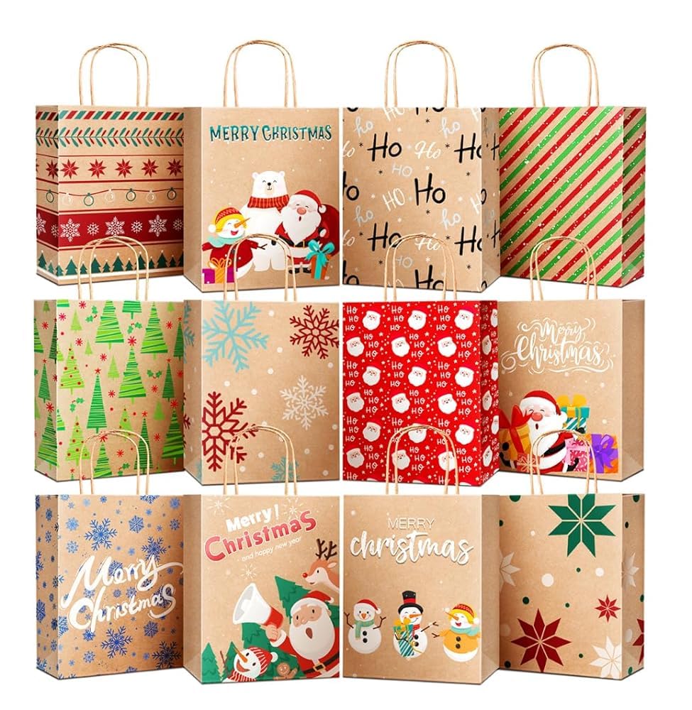 TranquilBliss 12 Unique Christmas Kraft Paper Gift Bags, Durable Handles & Non-Breaking Bottoms, Ideal for Holidays, Birthdays & Parties (24 PCS)