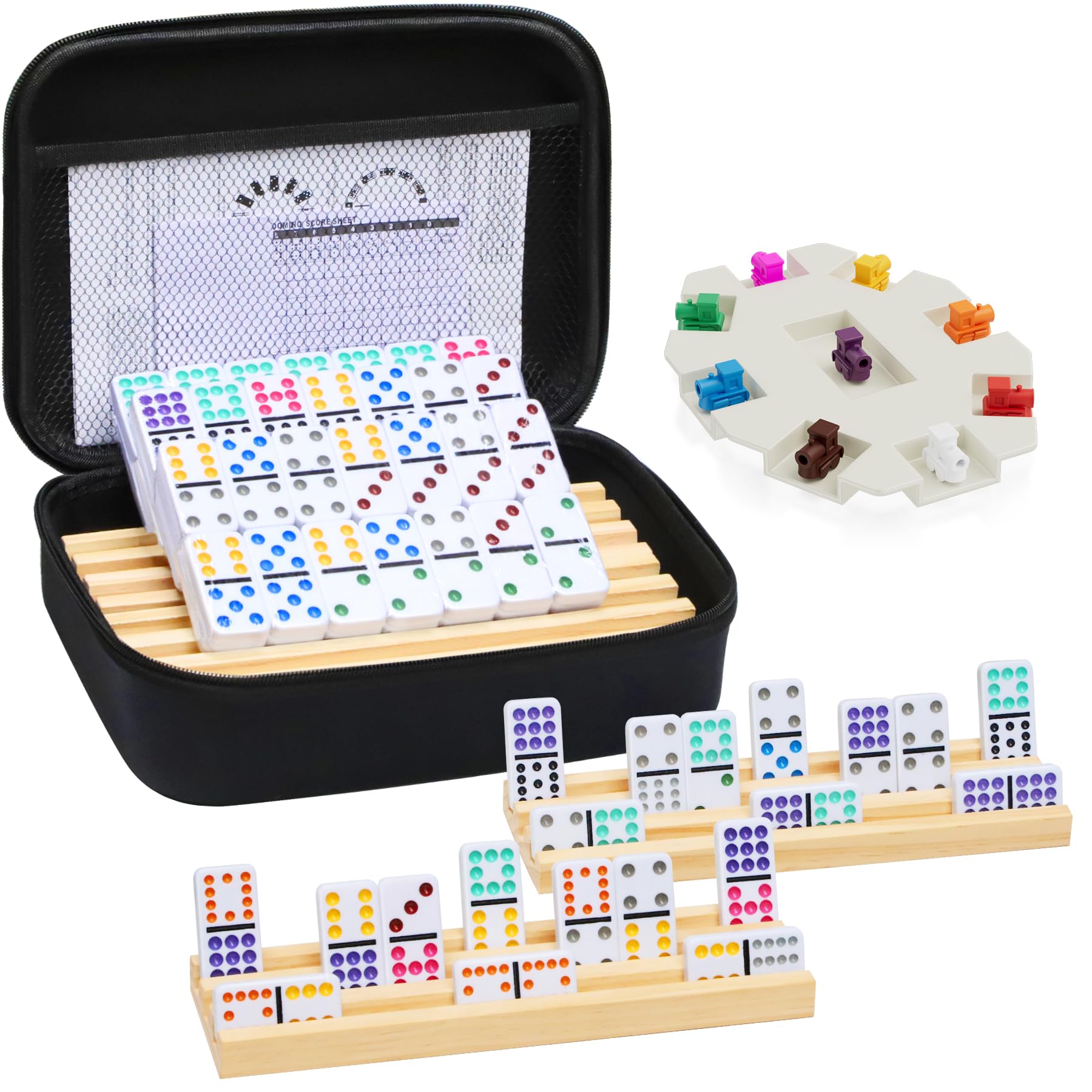 Double Stack Domino Rack Mexican Train Dominoes Set with 4 Wooden Trays/Racks, Double 12 Domino