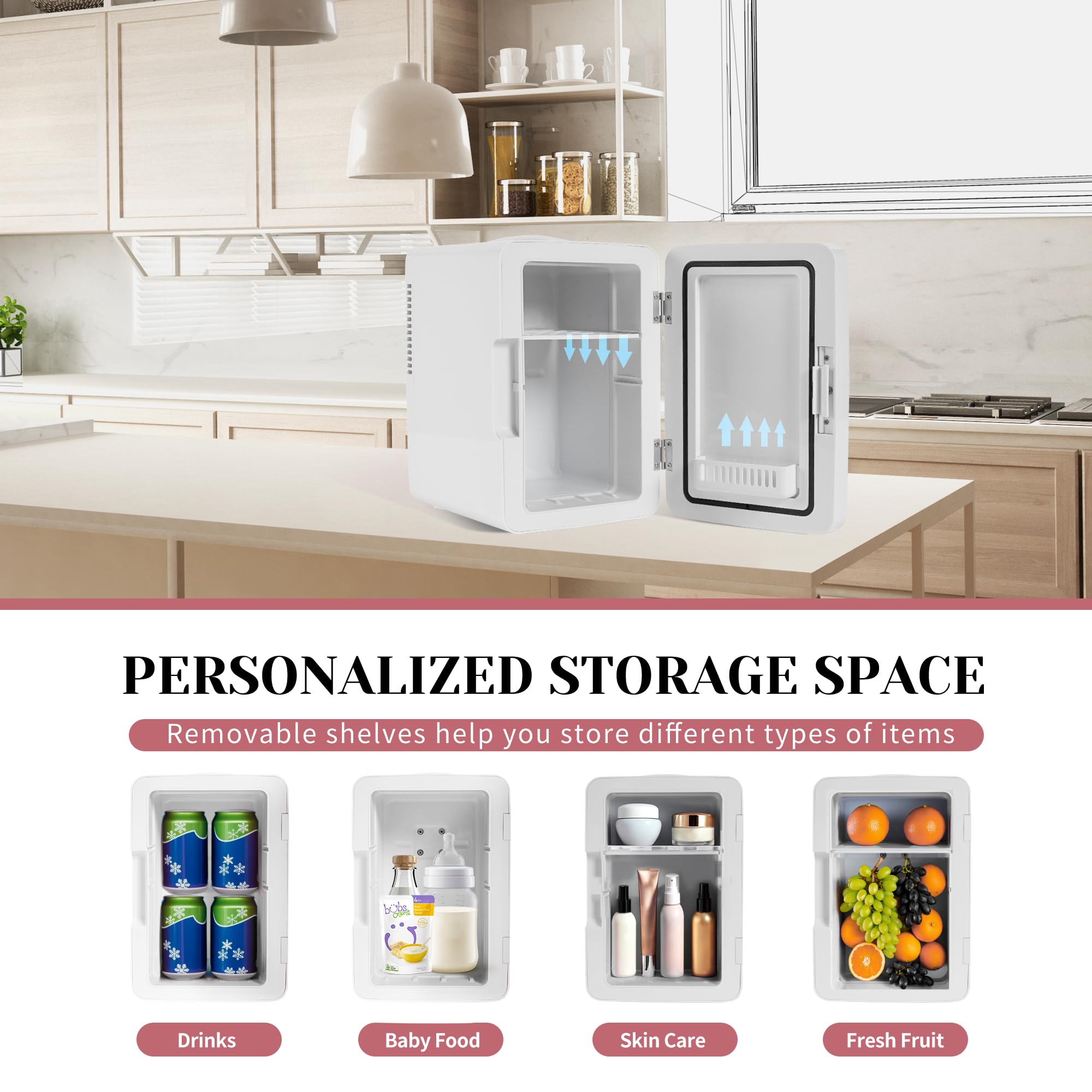 Mini Fridge for Bedroom 6L/8 Cans Skincare Fridge with LED Miroor Portable Cooler & Warmer 110V AC/12V DC Compact Small Refrigerator for Skin Care Cosmetic Beverages Drinks, Office Dorm and Car, White