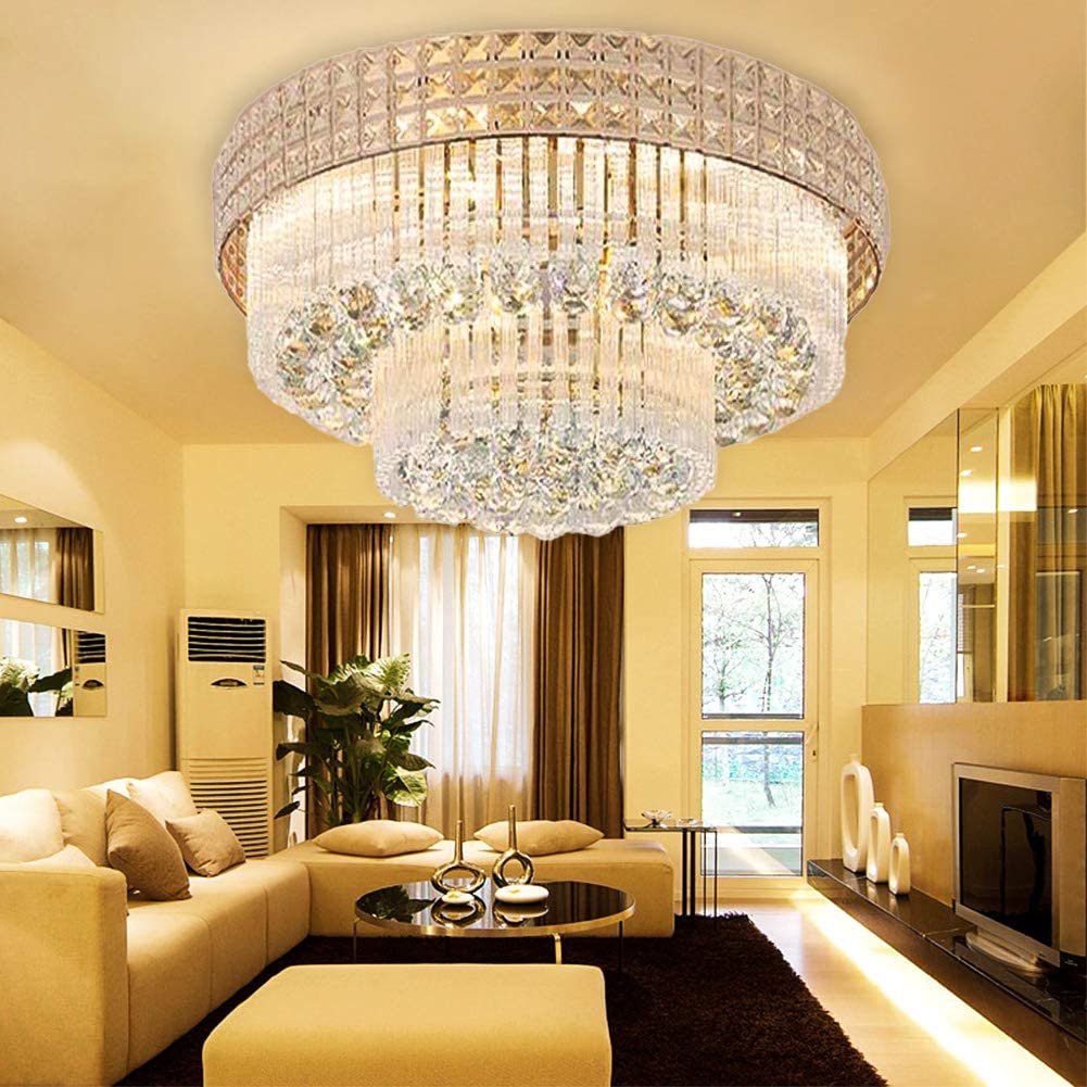 MORE CHANGE MoreChange 23.6inch Modern K9 Crystal Chandelier Luxury Ceiling Lamp Flush Mount LED Ceiling Light Fixture Pendant Lamp with Remote for Dining Room Bathroom Bedroom Livingroom