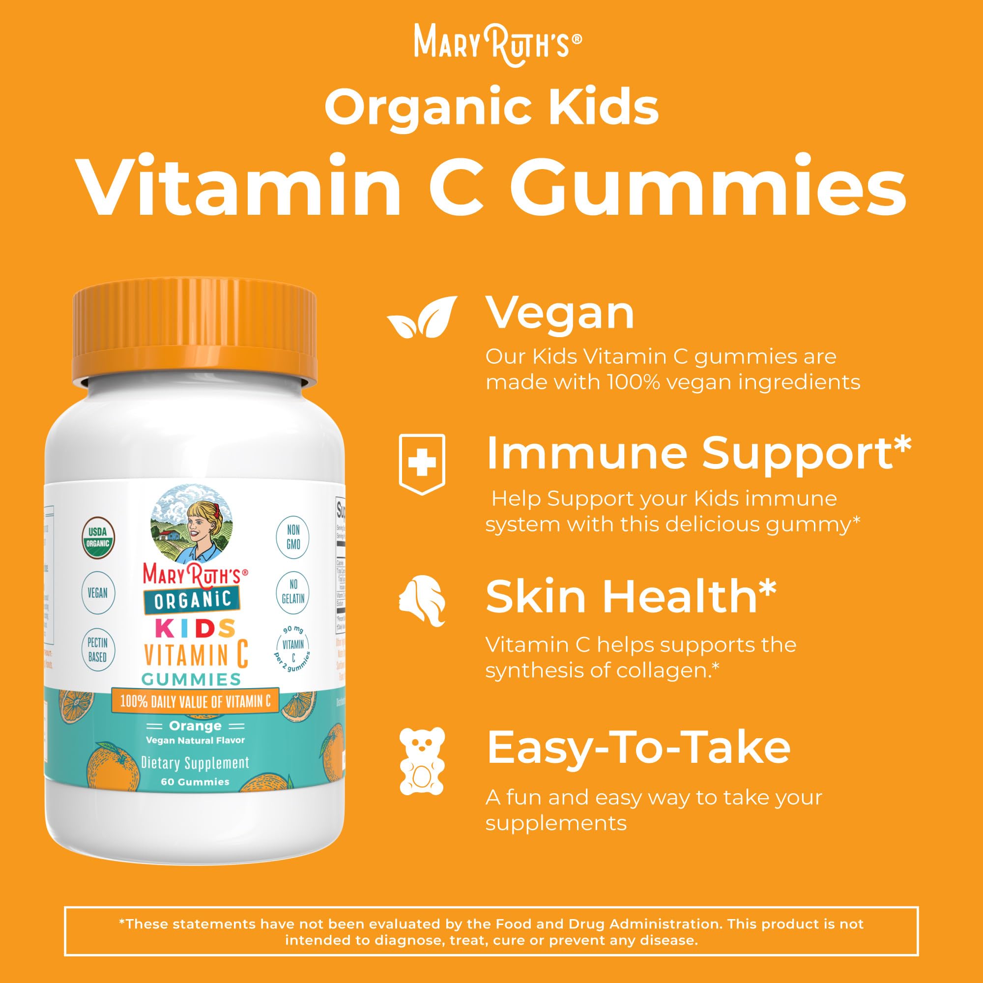 MaryRuth Organics Kids Vitamin C Gummies | Supplement for Immune Support & Overall Health |Immune Support Supplement | Vitamin C for Kids Ages 4+ | Vegan | Non-GMO | 60 Servings