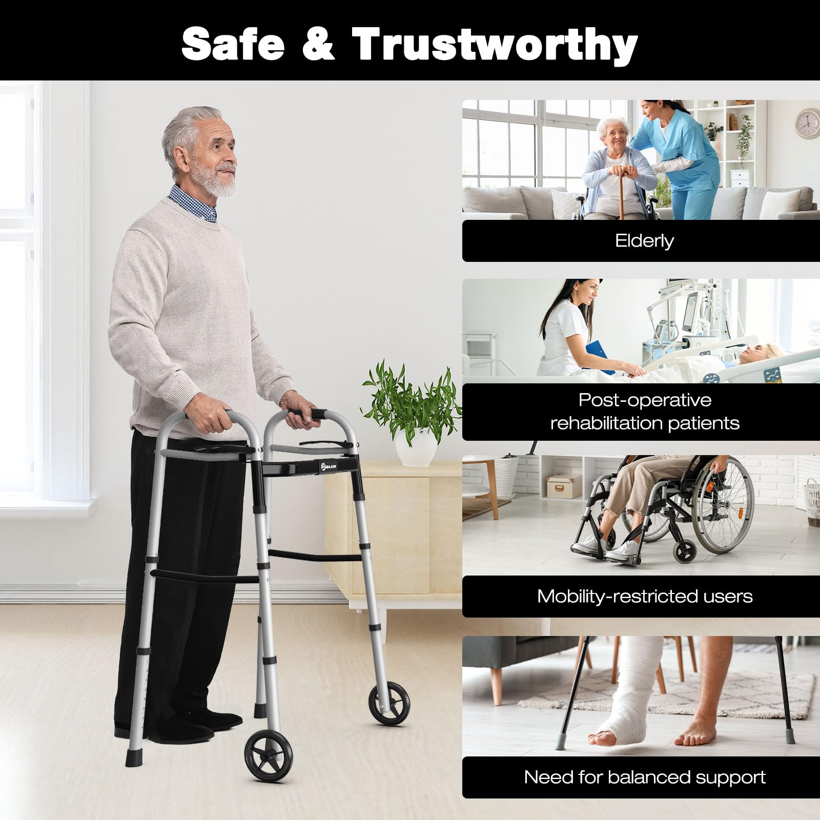 Whlicks Narrow Folding Walkers for Seniors,Aluminum Lightweight Walkers with Wheels, Adjustable Width and Height Front Wheel Walker for Elderly and Disabled, Supports up to 350 lbs