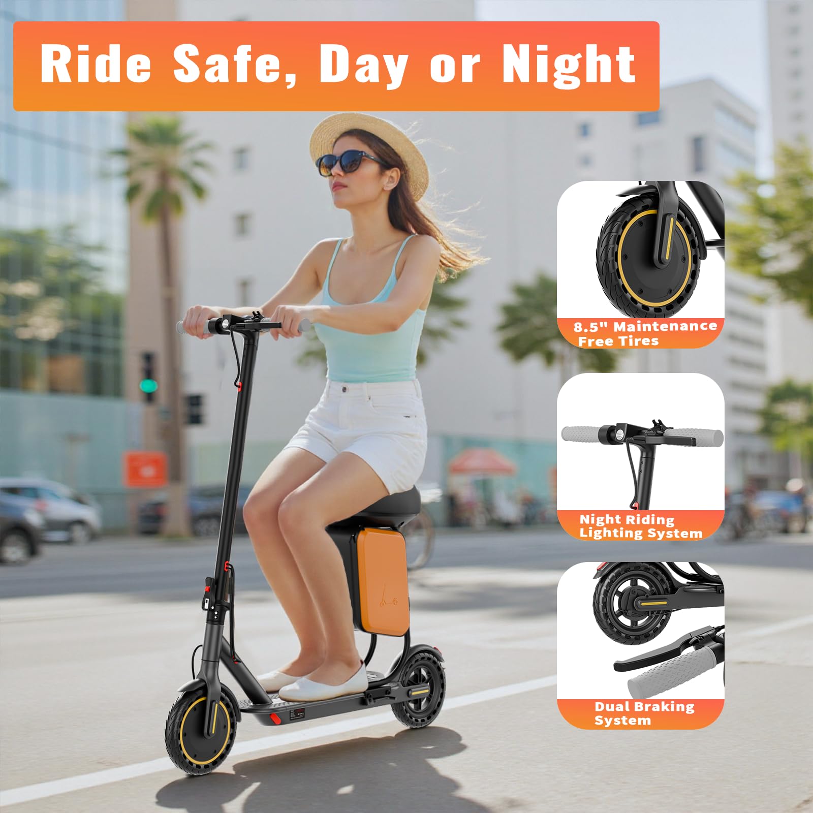 Qlaway 8.5" E Scooter for Adults with Seat 19 MPH 350W Motor 288.6 WH Battery, Motorized Up to 22 Miles Range, Foldable Scooter Bearing 265 LBS/APP Control