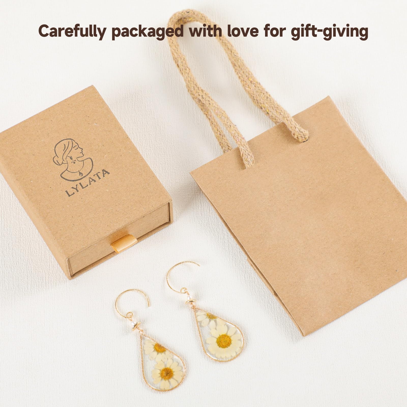 Lylata Pressed Flower Handmade Dangle Earrings, Dried Daisy Resin Teardrop Earrings, Decorated with Pearl, Gold Plated Brass, Gift for Women Girls