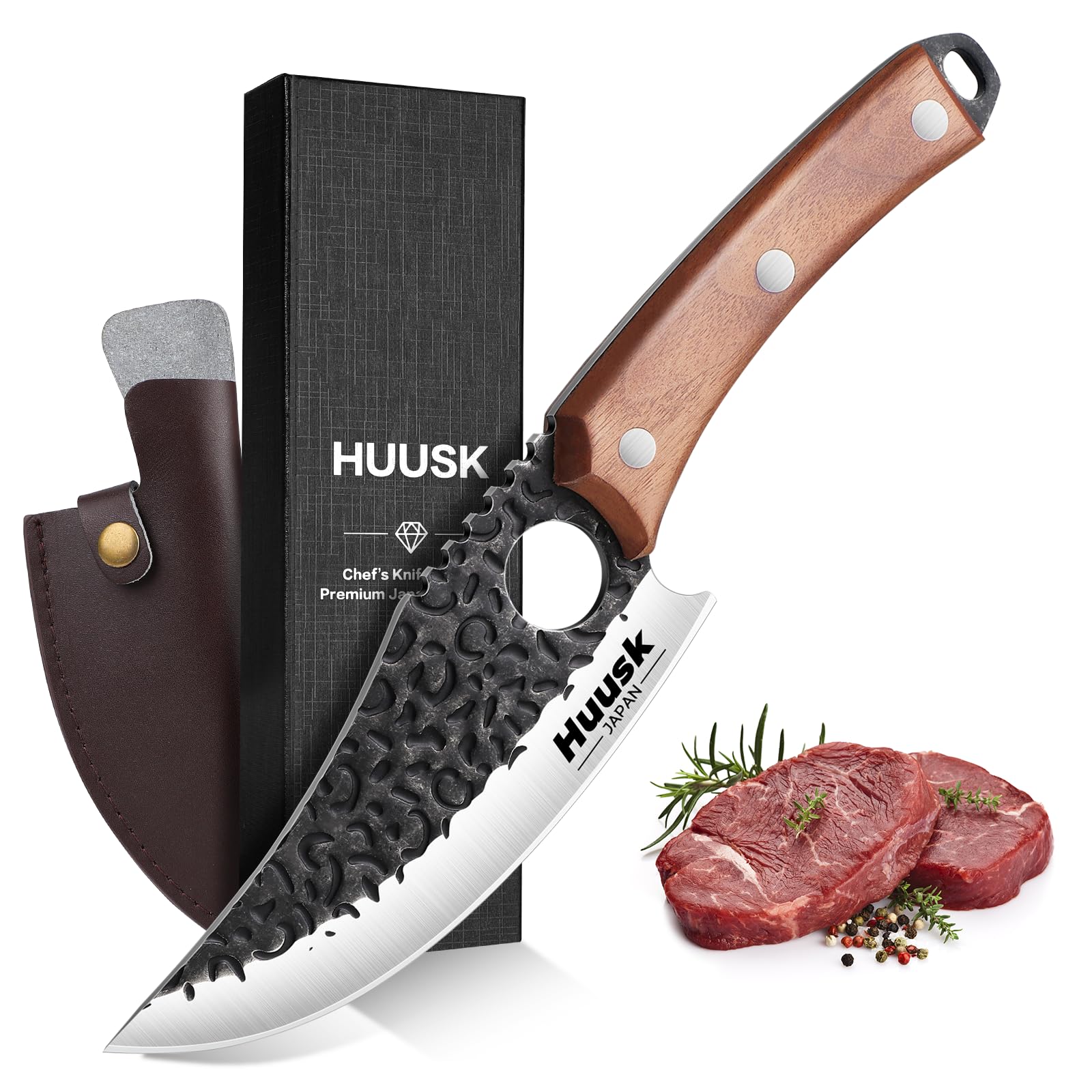 Huusk Knives Viking Knife with Sheath - Hand Forged Butcher Knife for Meat Cutting - High Carbon Steel Meat Cleaver Kitchen Knife - Multipurpose Japanese Chef Knives for Camping, Outdoor, BBQ