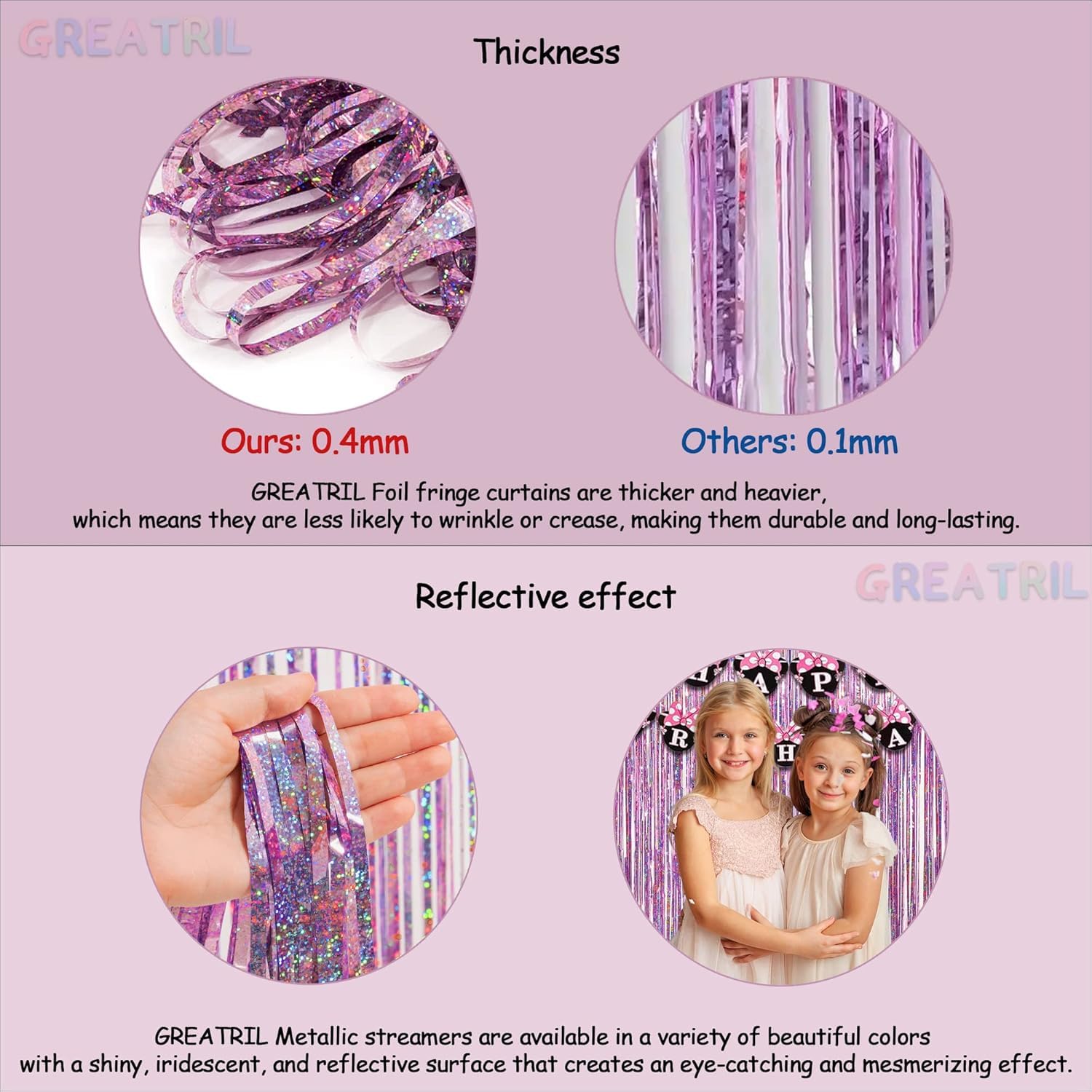 Pink Tinsel Curtain Party Backdrop - GREATRIL Foil Fringe Curtain Lilac Pink Party Streamers for Princess Bachelorette Euphoria Theme Party Decorations - 2 Packs