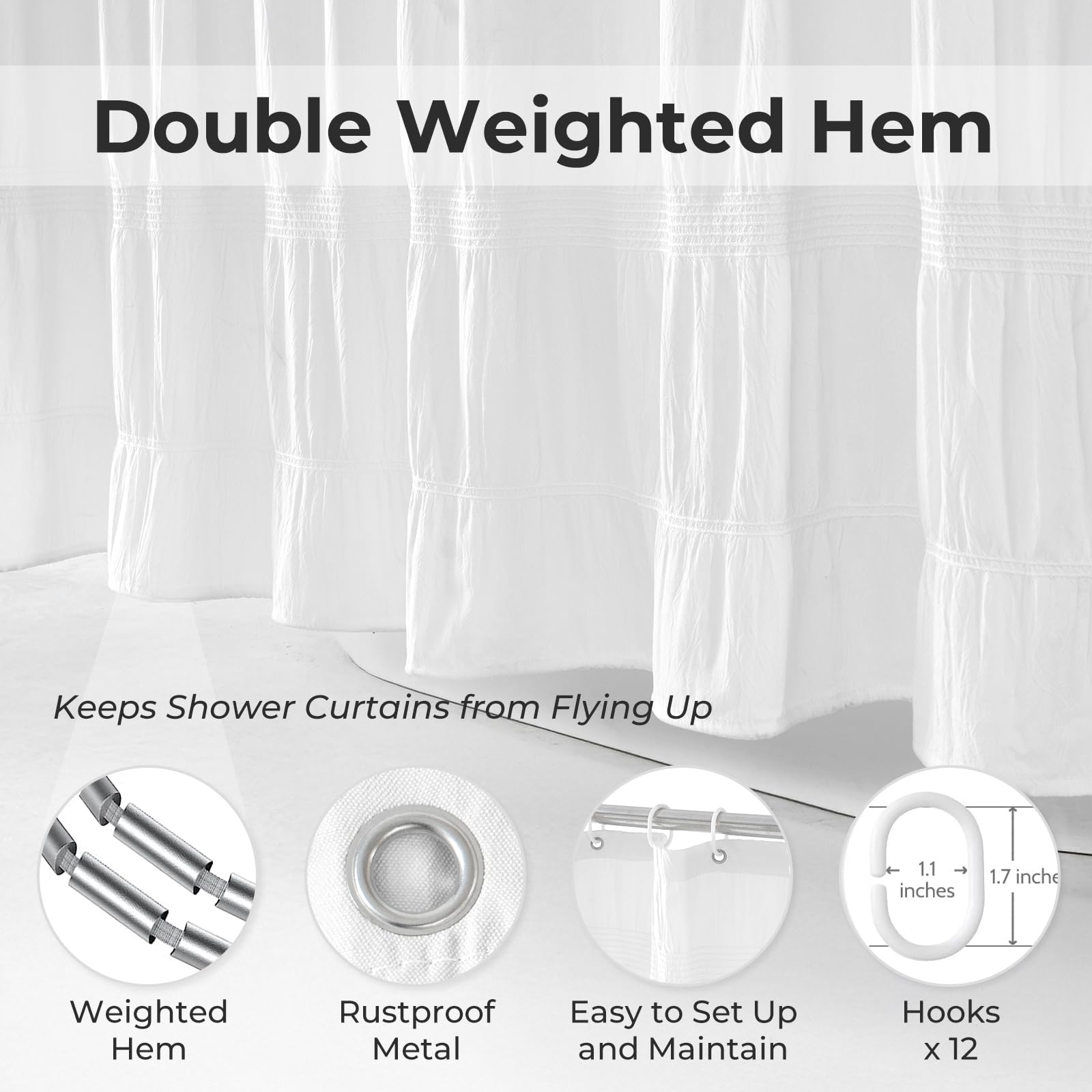Seasonwood White Shower Curtain Farmhouse Shower Curtain Rustic Striped Cotton Blend Fabric Shower Curtains Heavy Weighted Bathroom Decor, 72 x 72