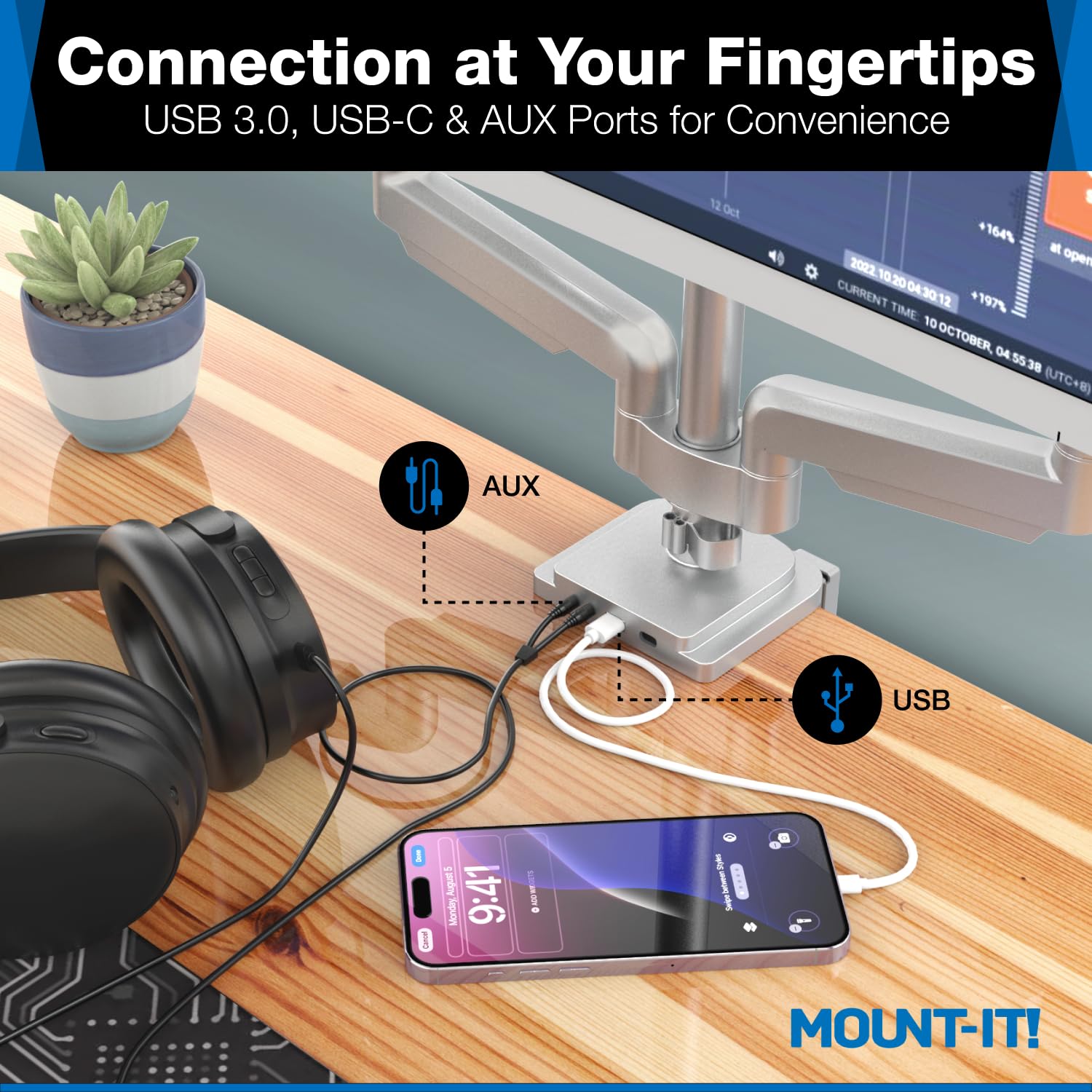 Mount-It! Triple Monitor Mount with USB and Audio Ports, 3 Monitor Desk Mount, Balanced Height Adjustable Triple Monitor Stand for Three Computer Screens 24 27 30 32 Inch VESA Screens, Gaming, Office