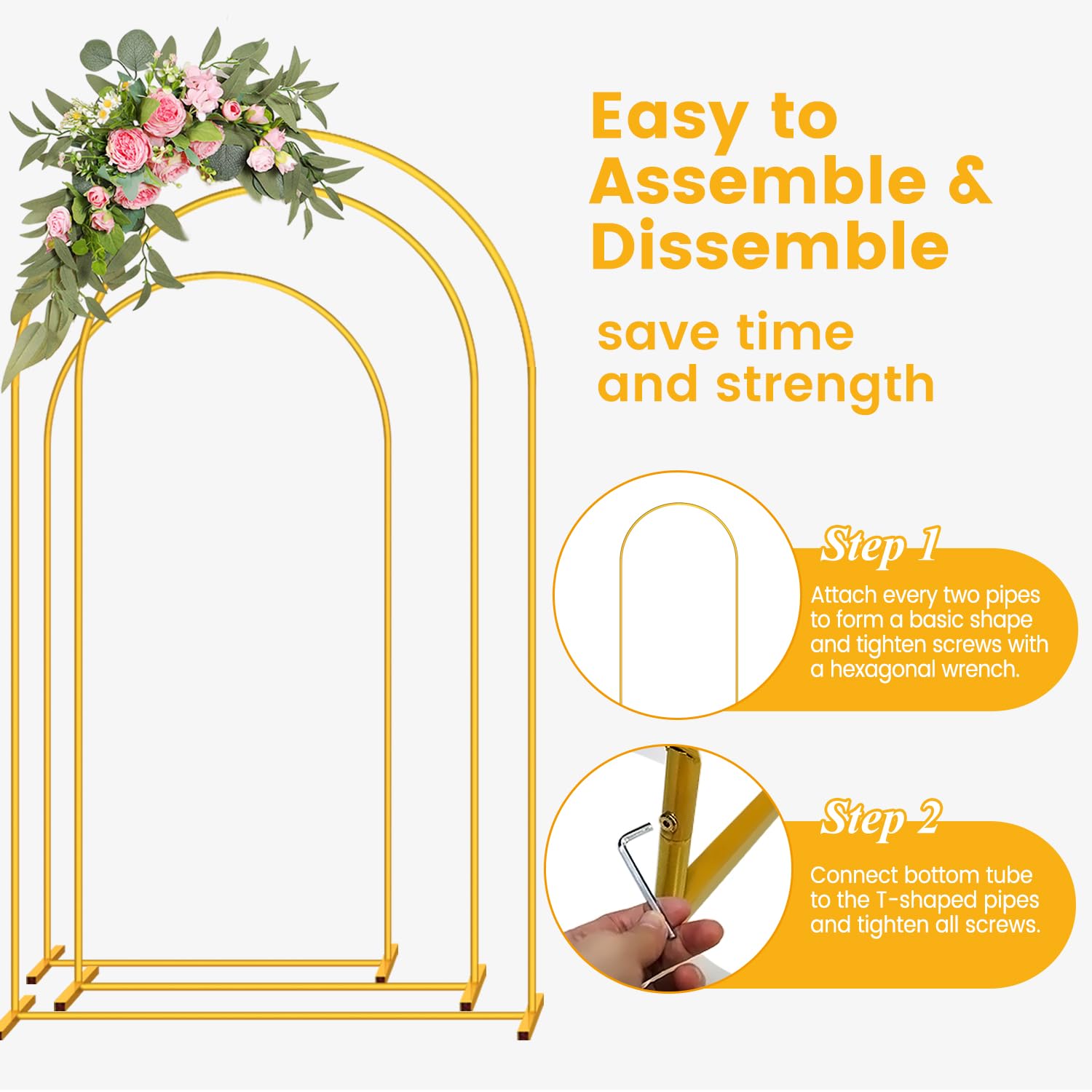 WEKASTON Metal Arch Backdrop Stand Wedding Arch Backdrop Frame Set of 3 (7.2FT, 6.6FT, 6FT) Gold Arch Stand Garden Floral Decoration Backdrop Stand for Wedding Ceremony Birthday Party Baby Shower