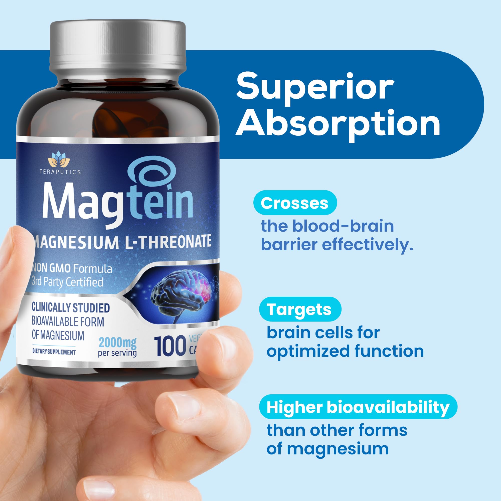 Magnesium L Threonate (Original Magtein Formula) - 2000 mg 100 Vegan Capsules Non-GMO Highly Absorptive Pure Supplement A Vitamin for Cognition Pills are Without Laxative Properties