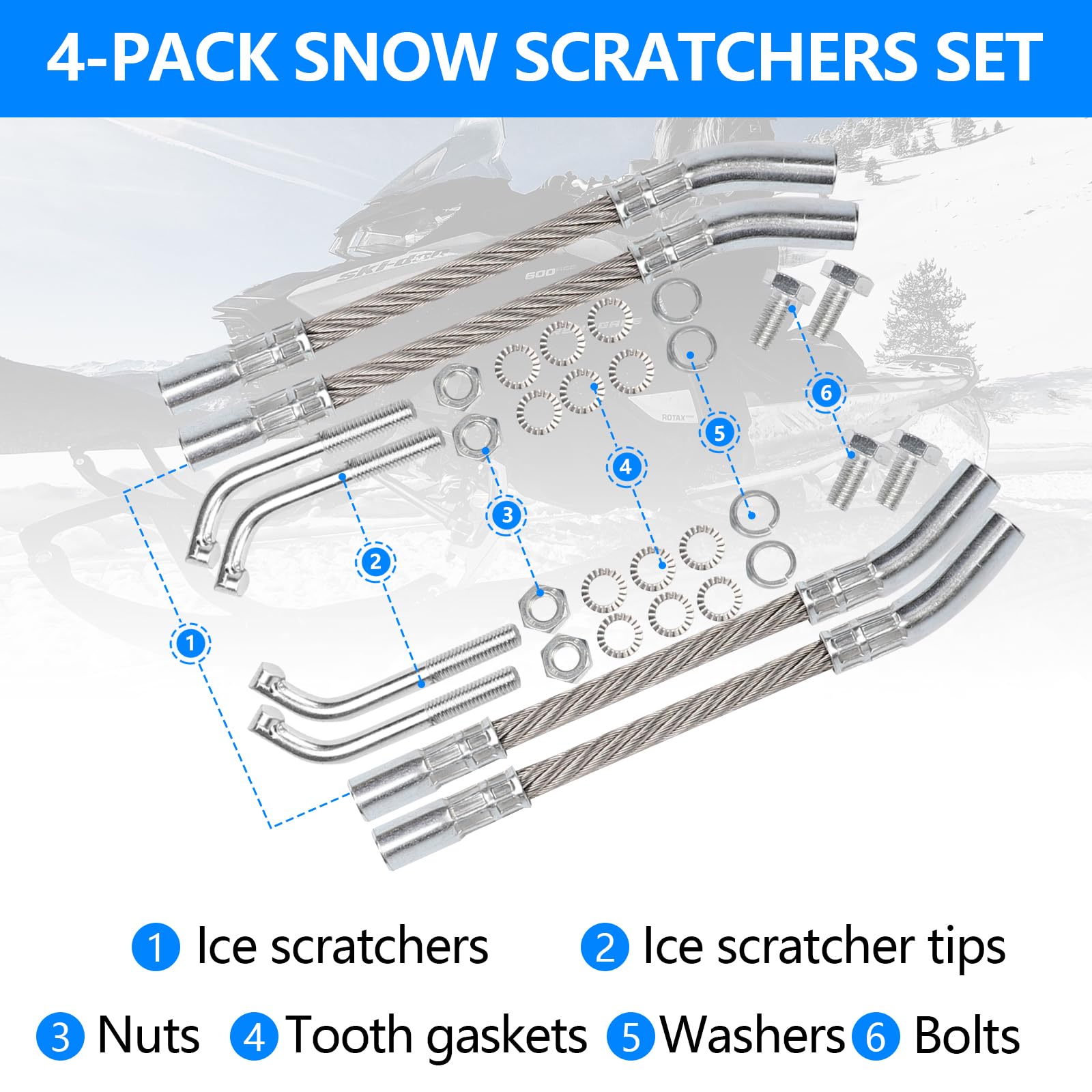 Kavius Ice Scratchers Snowmobile 4PCS Set Compatible with Polaris Arctic Cat Ski-doo Lynx Cable Ice Scratchers Kit Fit for Reverse & Non-Reverse Gear Equipped Snow Mobiles Track Heights Above 2-1/2"