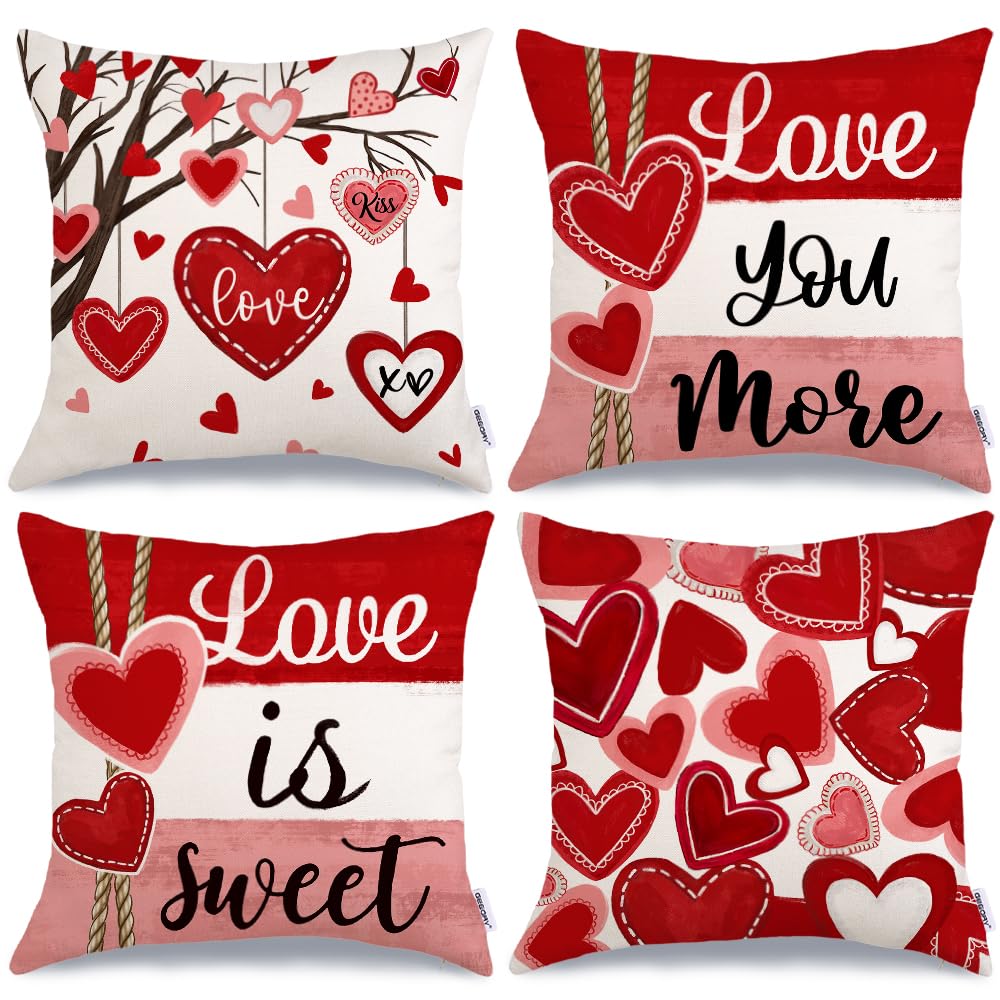 GEEORY Valentine's Day Throw Pillow Covers 18x18 Inch Set of 4, Valentines Red Hearts Love You More Decorative Farmhouse Holiday Cushion Case for Home Decoration G443-18