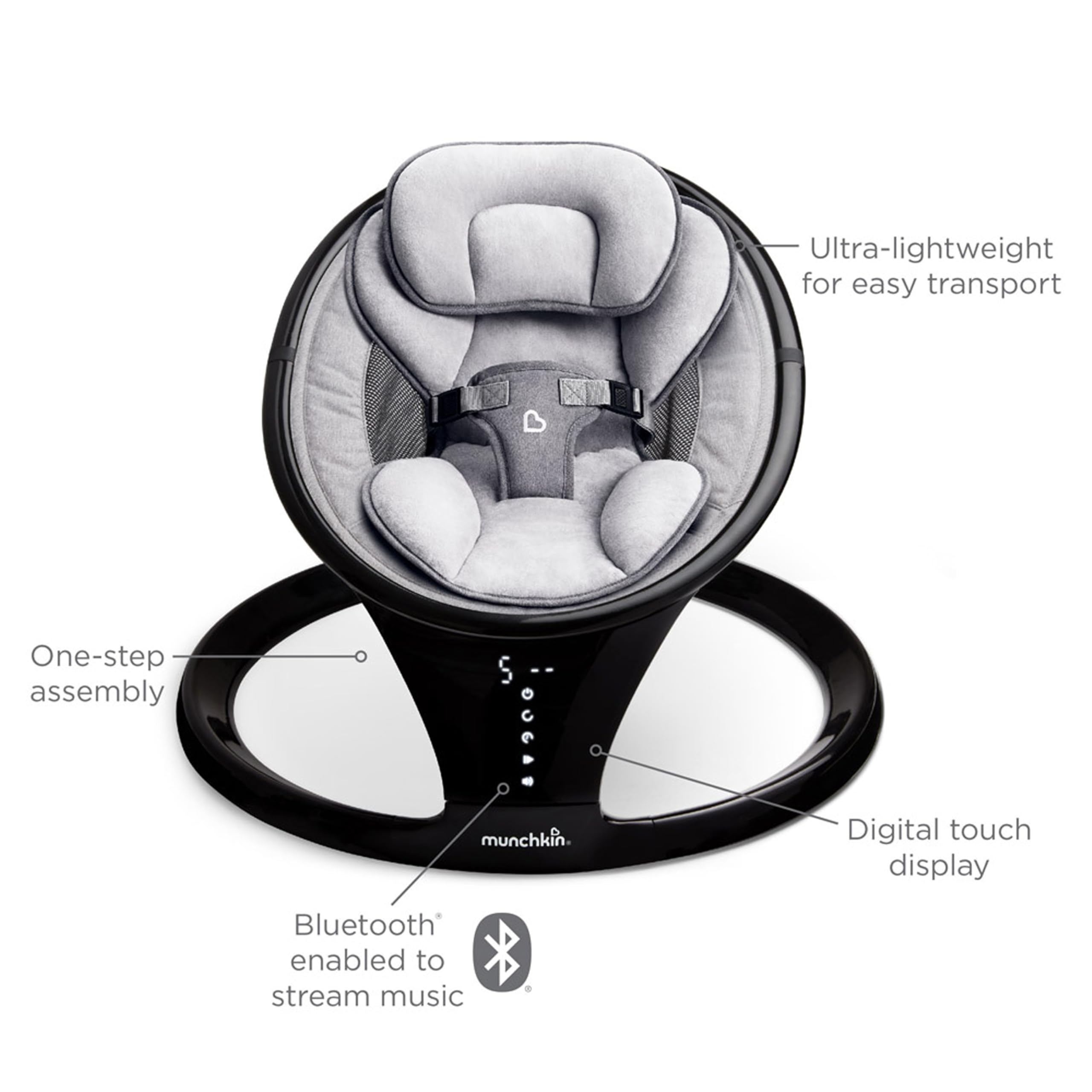 Munchkin Baby Swing, Portable and Lightweight, Bluetooth Enabled Electric Infant Rocker with Natural Sway in 5 Ranges of Motion, Newborn Nursery Essentials, Black/Grey