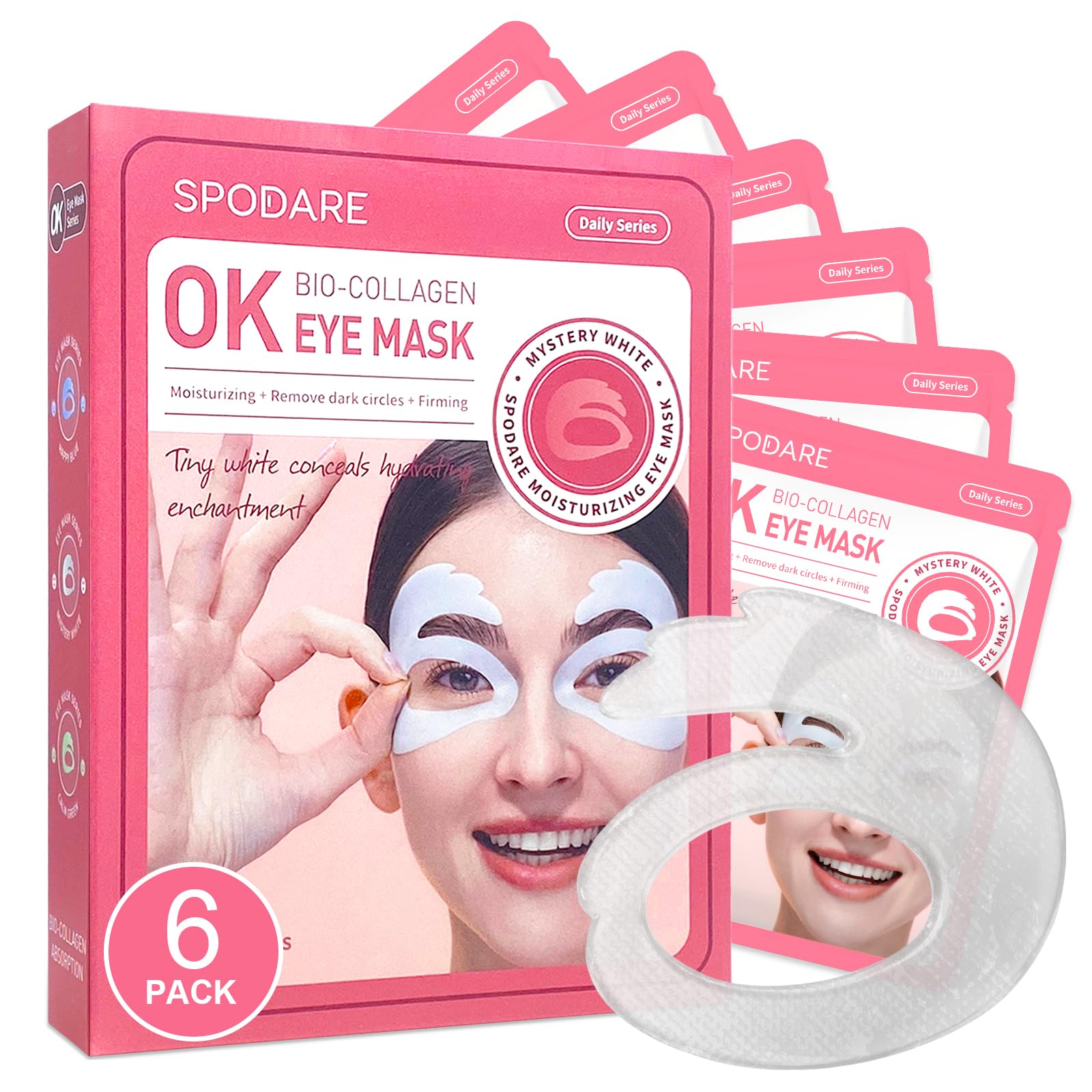 SPODARE OK Shape Eye Masks, 360° Fit Under Eye Patches with Caffeine and Collagen, Firming & Hydrating Eye Mask for Dark Circles and Puffiness, Self Care Gifts for Women - 6 Pairs, Mystery White