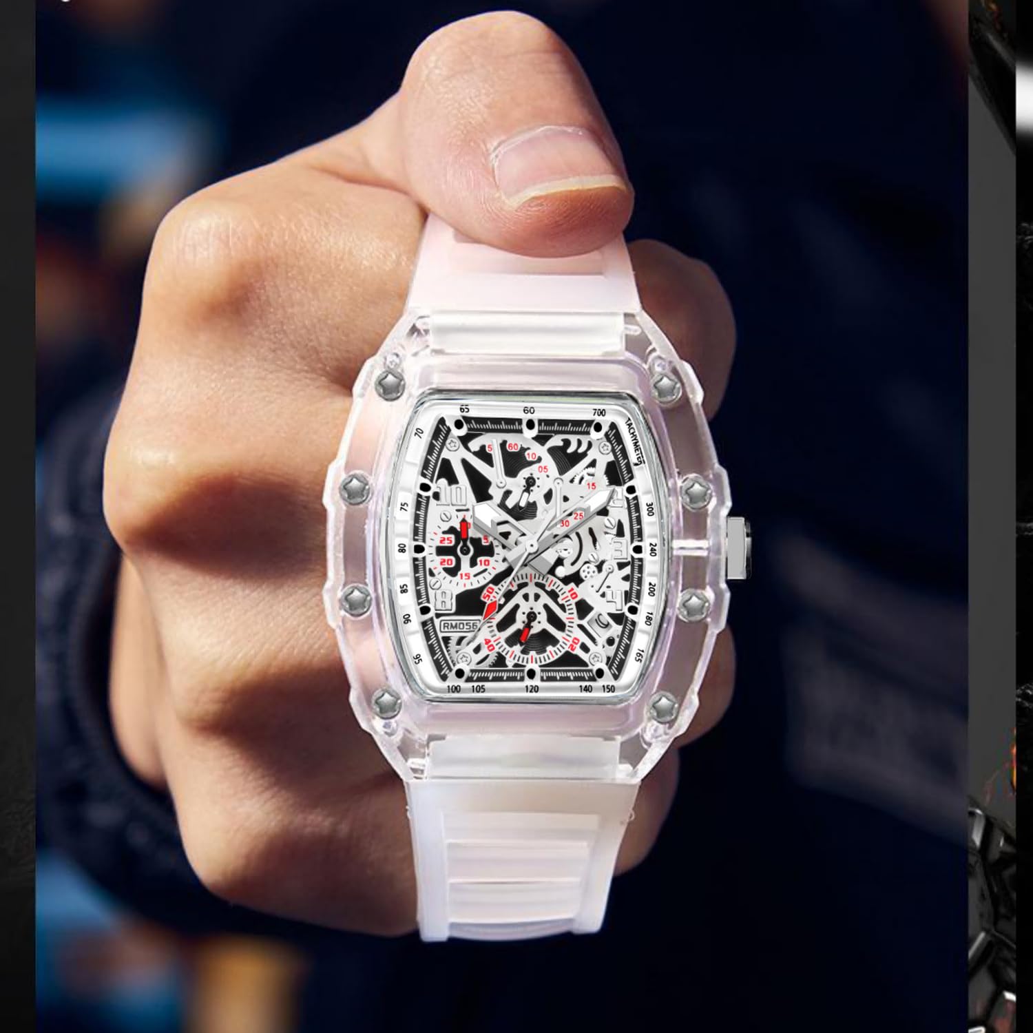 BESTKANG Fashion Hollowed Men Watches Transparent Tonneau Analog Display Quartz Date Waterproof Male Wrist Watch (White)