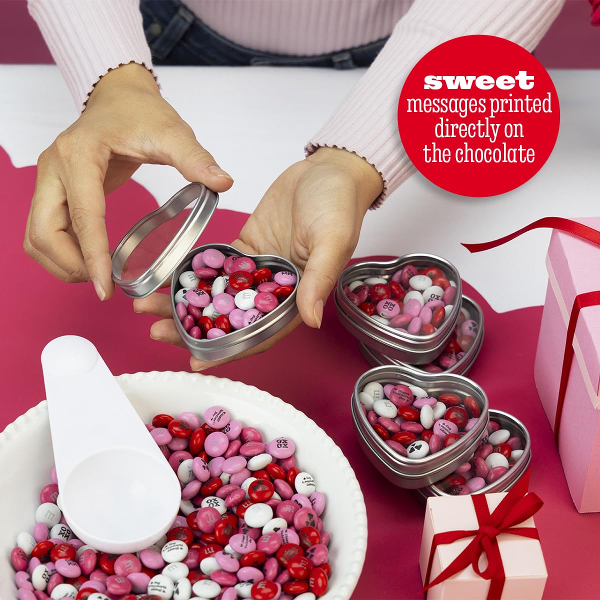 M&M’S WORLD Valentines Day Favor Kits 2lb Chocolate Candy and 20 Heart Tins for Chocolates and Heart Candy