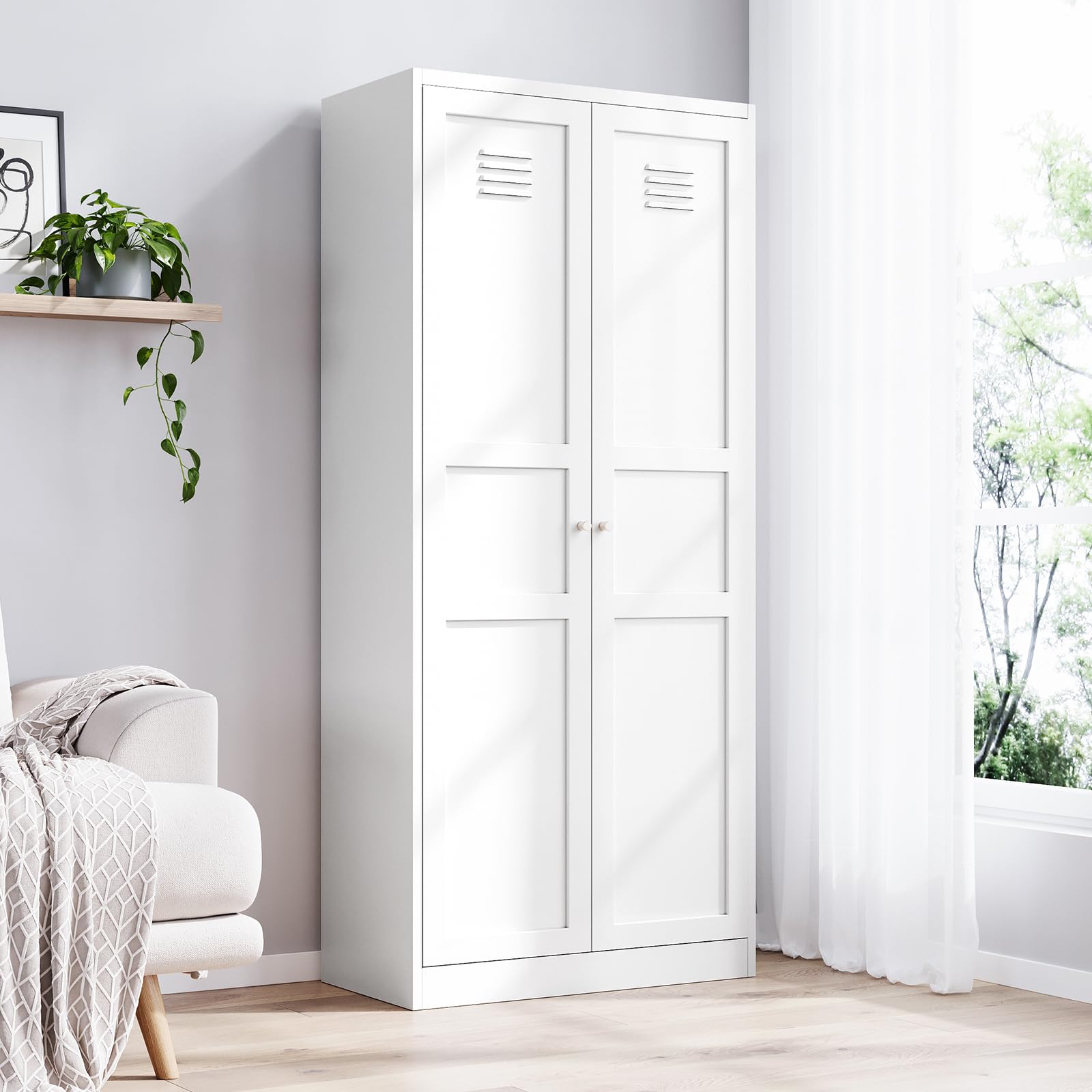 Yizosh Metal Storage Cabinet - 71" White Kitchen Pantry with 2 Doors and 5 Adjustable Shelves, 5-Tier Tall Steel Locker for Living Room, Dining Room